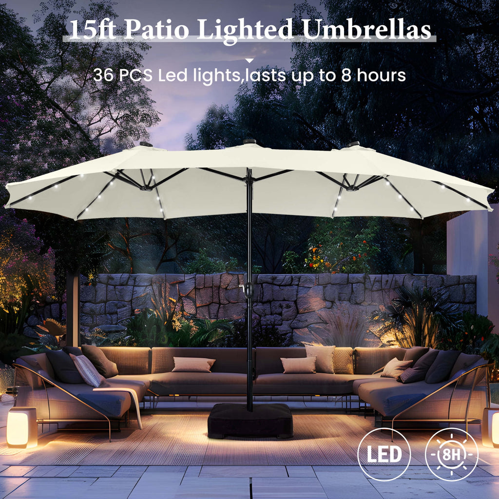 SUMMIT LIVING 15 FT Double-Sided Solar Patio Umbrella with Base Large Outdoor Umbrella with LED Solar Lights - Haze Blue