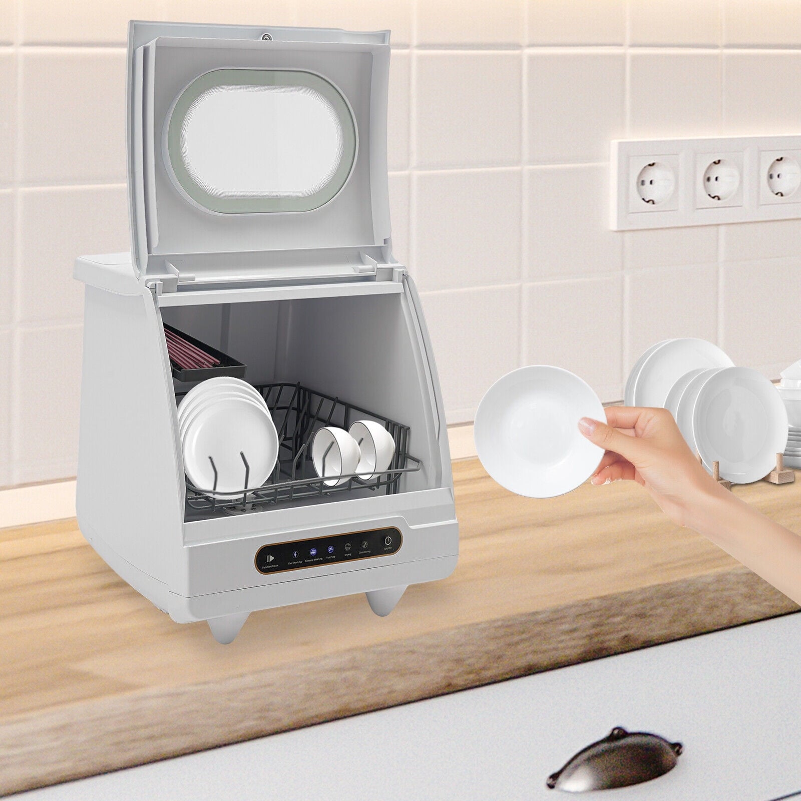 Portable Countertop Dishwasher 5 Washing Programs with Water Tank Leak-Proof Dry 360° Rotation Flushing, Uitable for Homes Kitchen Apartments Dormitories Campers