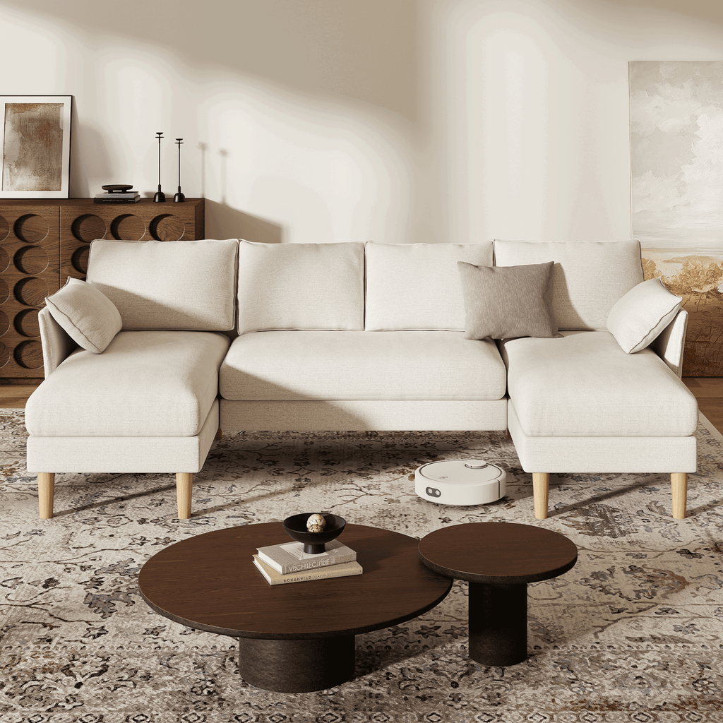 BedLuxury 100 U-Shape Sectional Sofa with Chaise, Chenille Modern Couch with High Legs for Living Room, Apartment, Beige