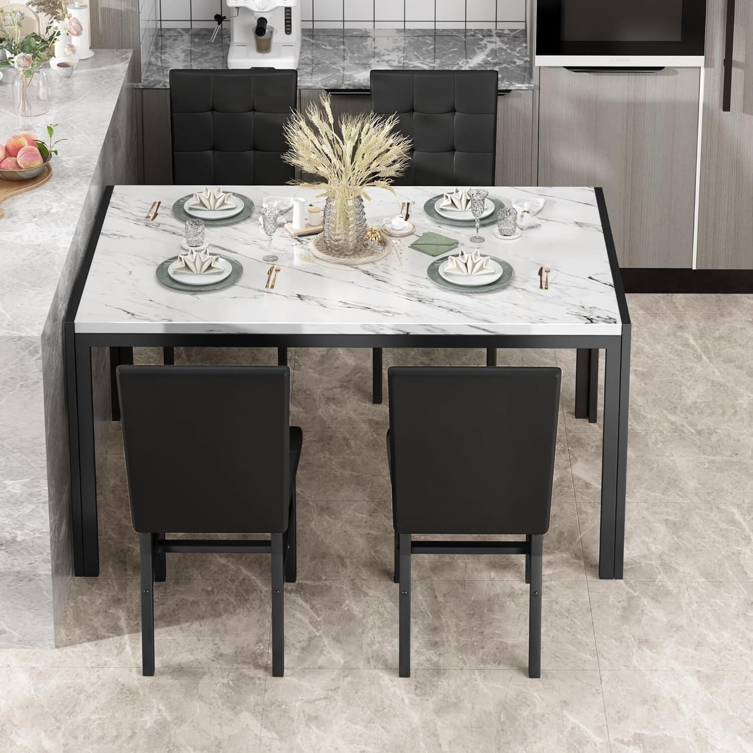 MOOSENG 5-Piece Dining Table Set with Faux Marble Top, Modern Kitchen Table and Set of 4 Grey Velvet Upholstered Chairs, Space-Saving Dinette Set for Small Spaces