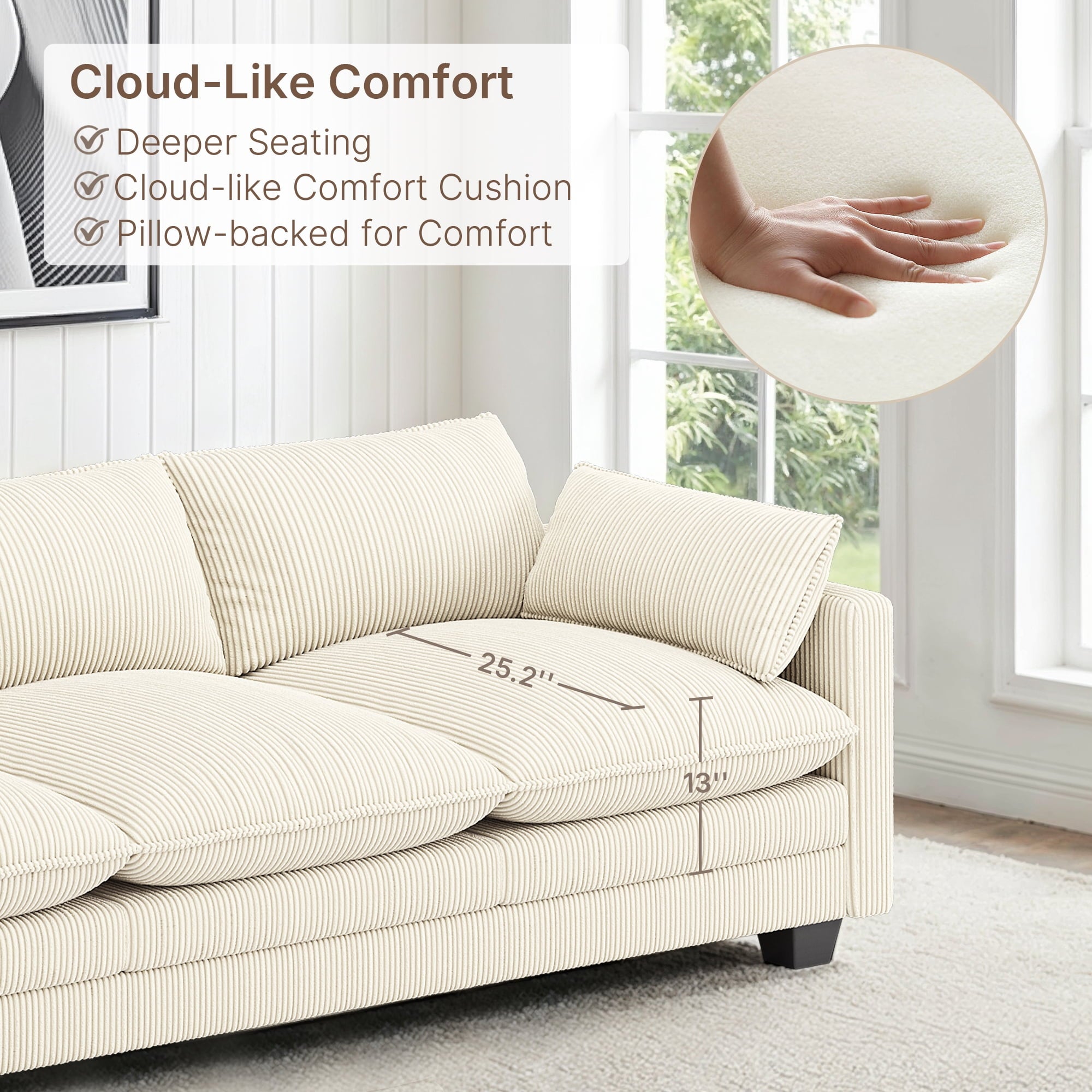 110'' Oversized L Shaped Couch for Living Room, Cloud Couches with Washable Corduroy Cover, Modern 4-Seater Comfy Deep-Seat Sofa with Movable Ottoman and 2 Throw Pillows for Apartment, Gray