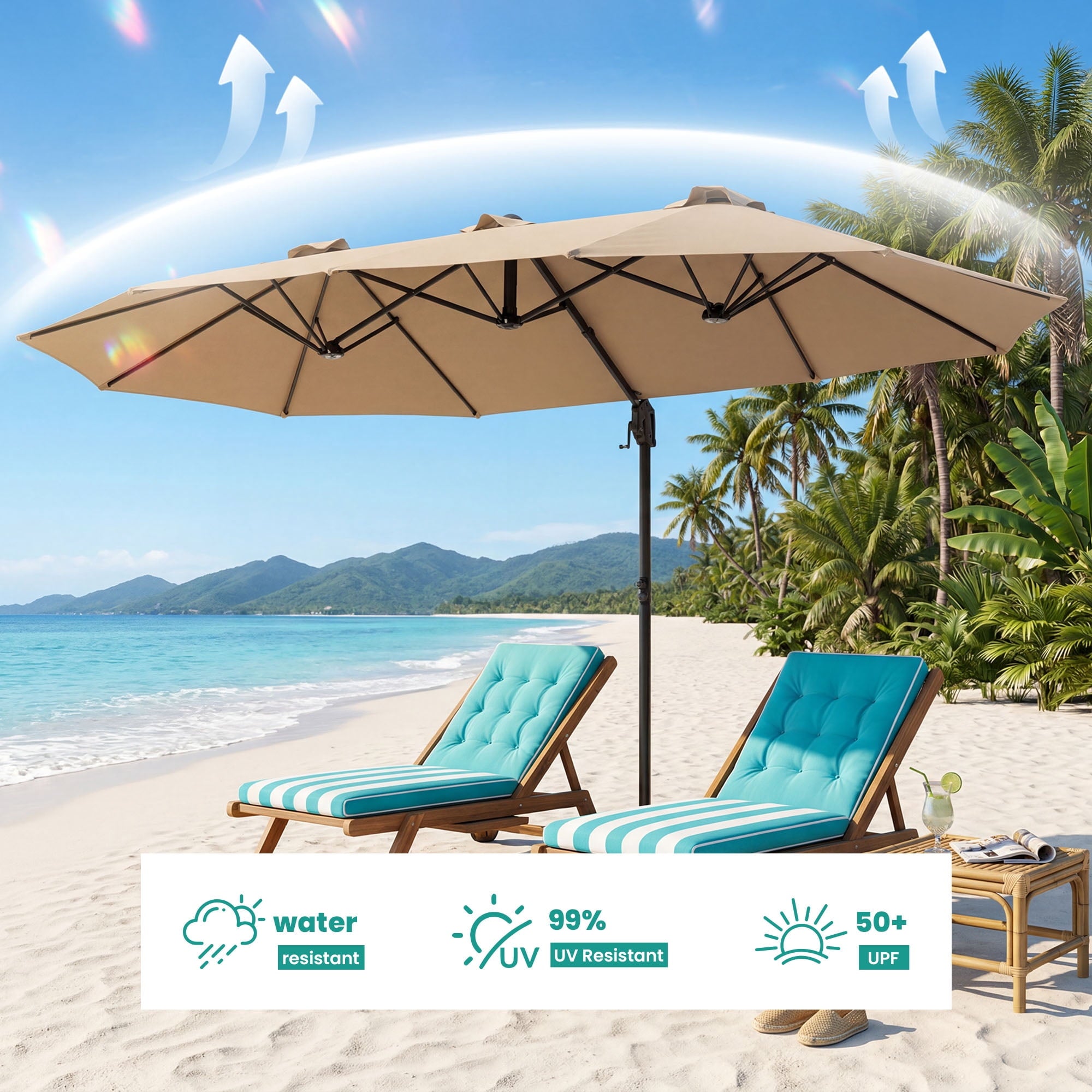 FOROUTIA 15ft Double-Sided Patio Umbrella, Large Rectangular Outdoor Market Umbrella with Crank, UV50+ Waterproof Twin Umbrella for Backyard, Poolside, Deck,Off-White