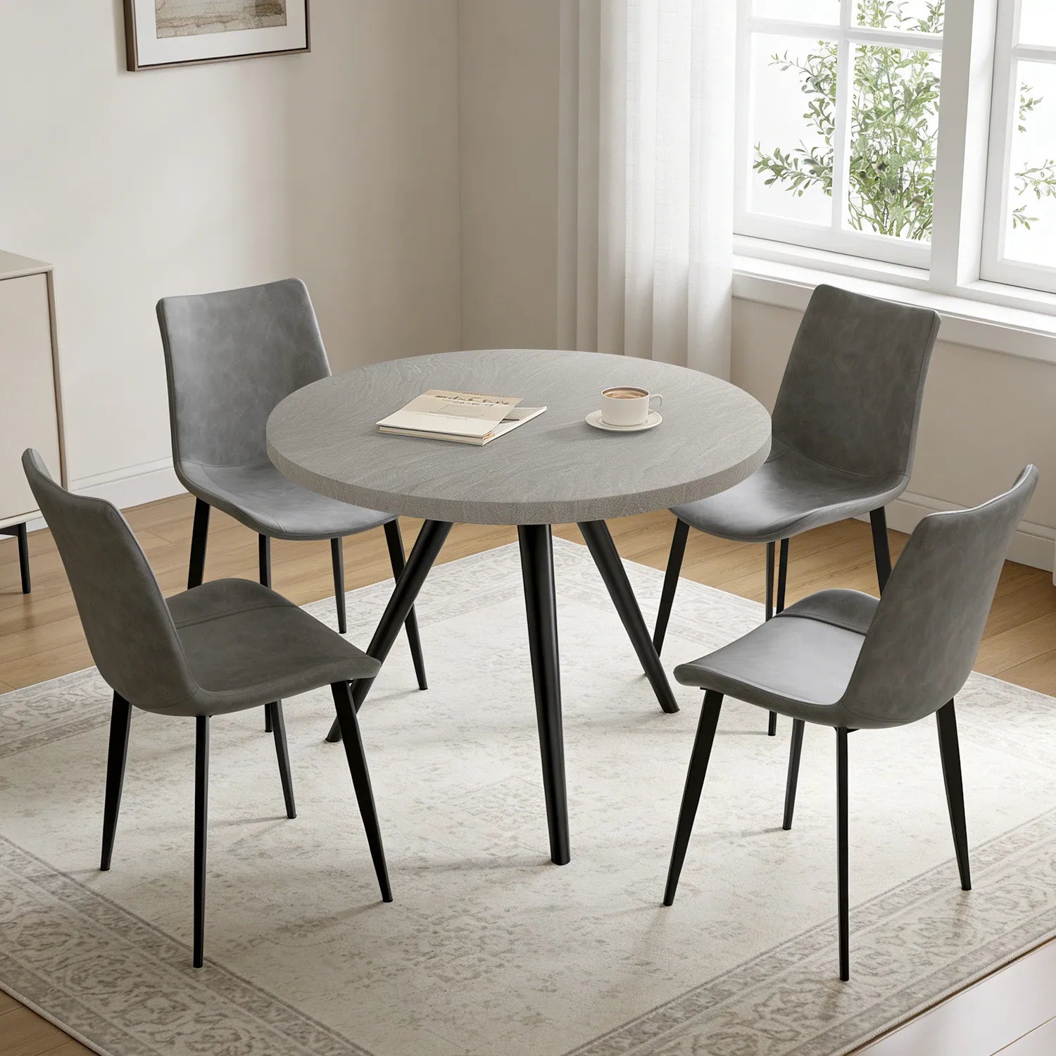 34.8 Round Dining Table Set for 4,5 Piece Mid-Century Modern Dining Set with 4 Upholstered Dining Chairs,Leisure Coffee Table for Kitchen Dining Room, Save Space