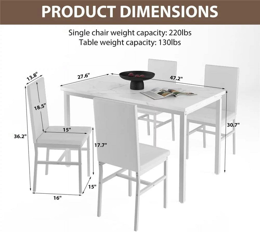 MIERES 5-Piece Dining Table Set for 4, Faux Marble Kitchen Table and 4 Chairs, Modern Dining Room Table with 4 Chairs, Dinner Table Set for Small Spaces, Brown