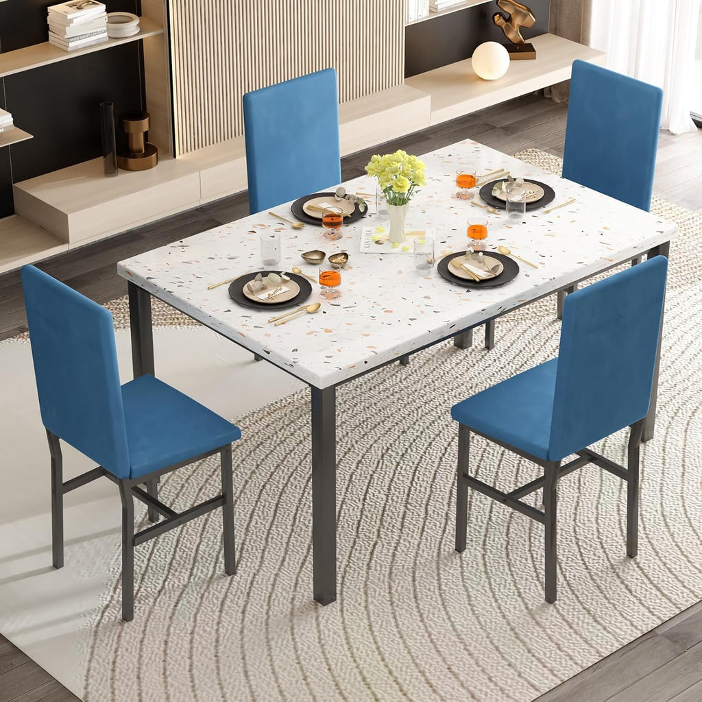 MIERES 5 Piece Dinning Table Sets for 4, Marble Kitchen Table and Chairs for 4,Dining Room Table Set with PU Leather Chairs,Faux Marble Dining Set for Small Spaces,Living Room,White+Brown