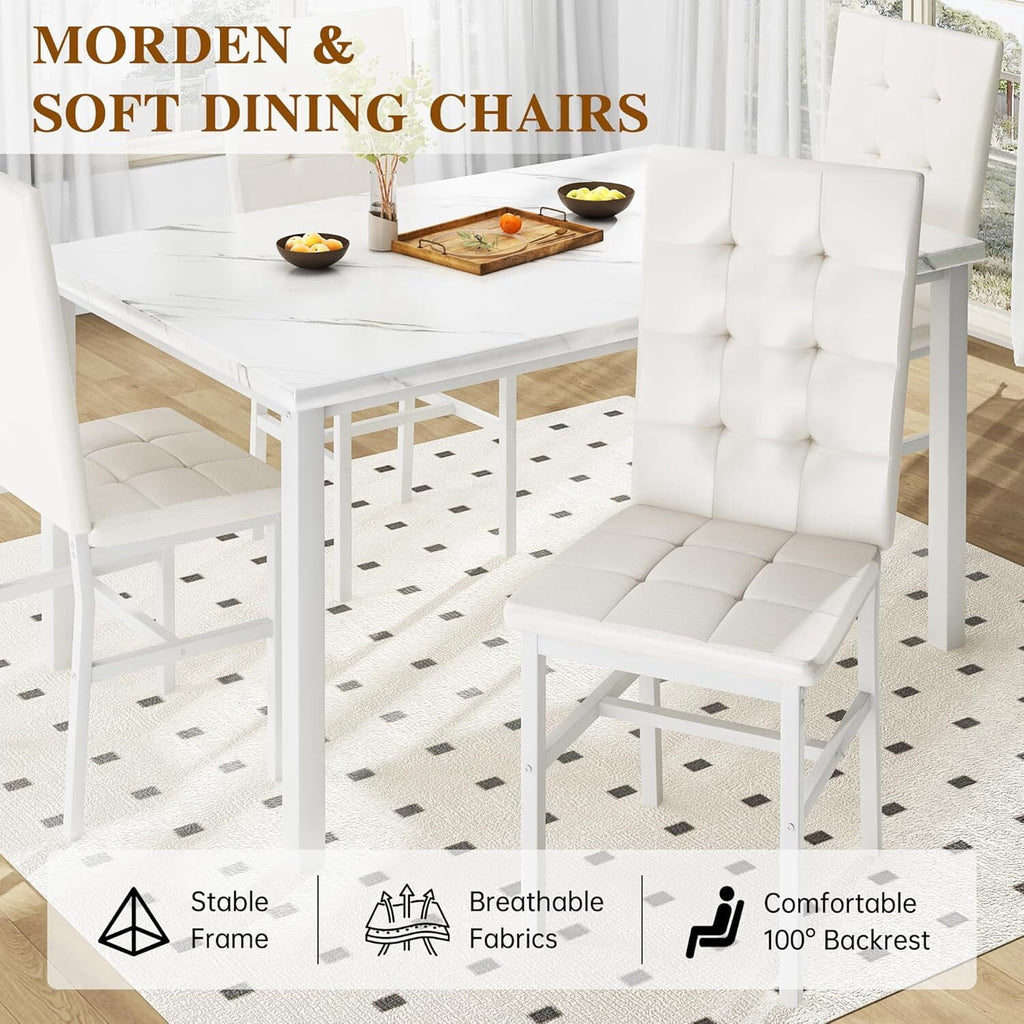 MOOSENG 5-Piece Dining Table Set with Faux Marble Top, Modern Kitchen Table and Set of 4 Grey Velvet Upholstered Chairs, Space-Saving Dinette Set for Small Spaces