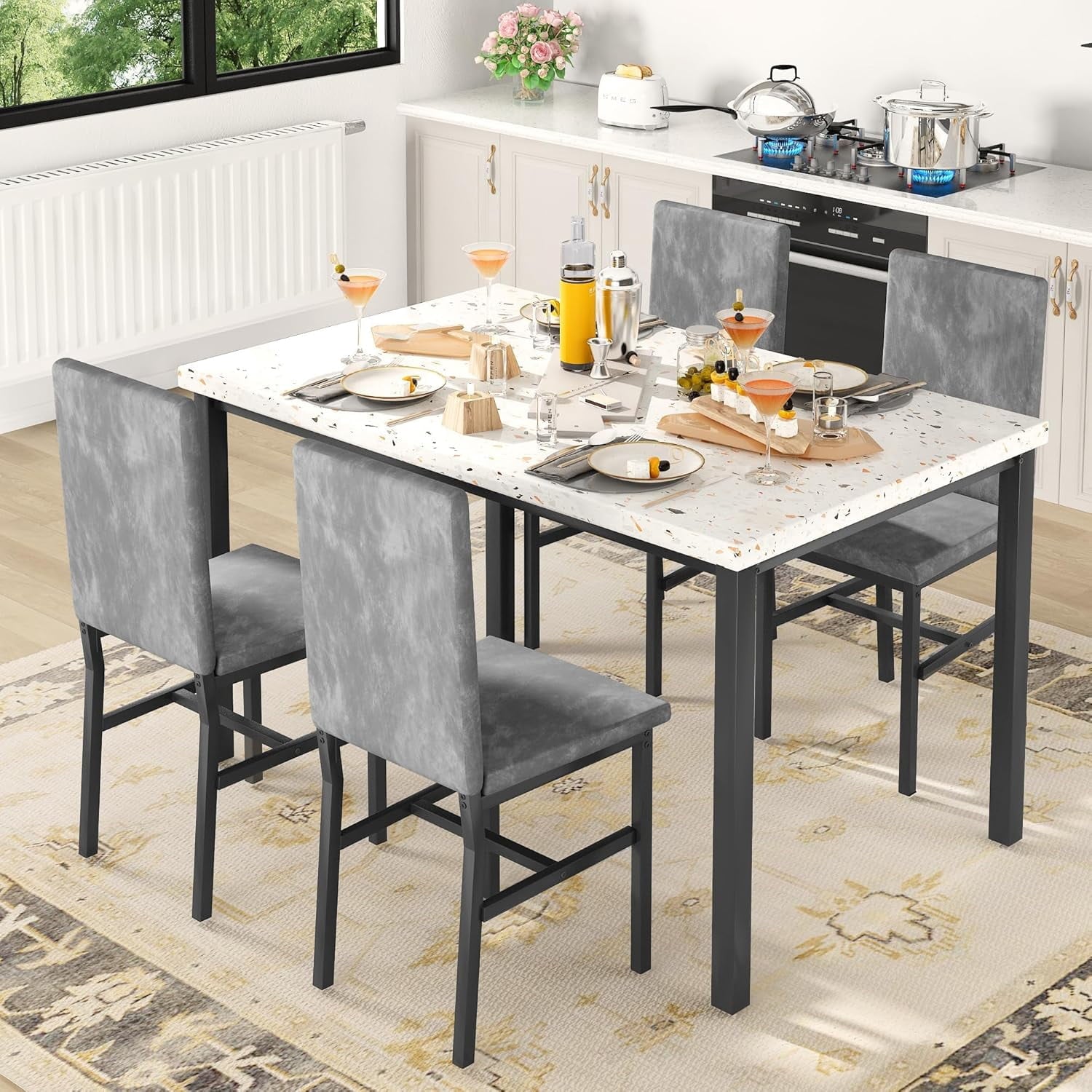 MIERES 5-Piece Dining Table Set for 4, Faux Marble Kitchen Table and 4 Chairs, Modern Dining Room Table with 4 Chairs, Dinner Table Set for Small Spaces, Brown