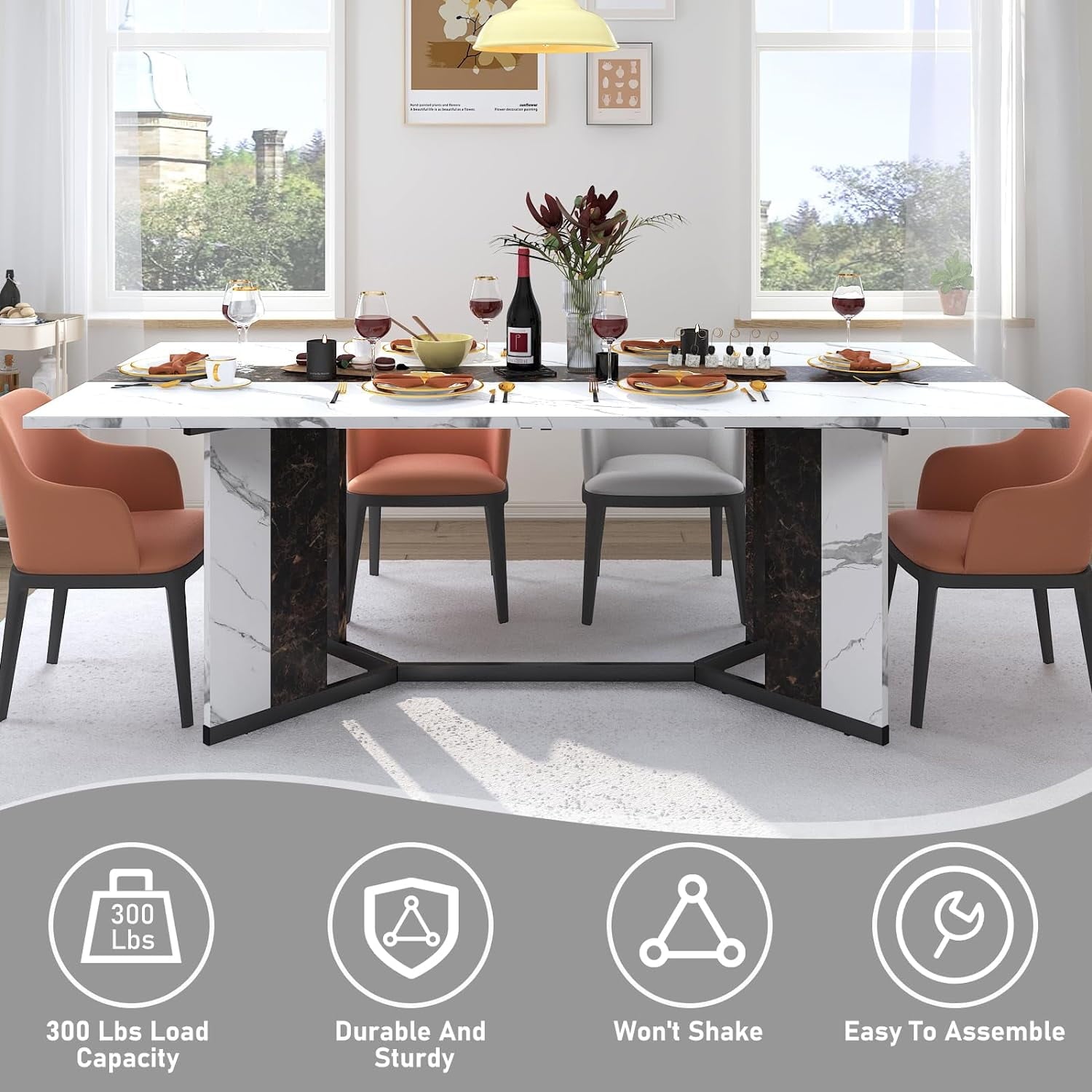 71 inch Large Rectangular Dining Table for 6-8 People, Dining Table with Marble-Color Wood Waterproof Tabletop and Adjustable Leg, 6ft Luxurious Family Dinner Table for Office Kitchen Living Room