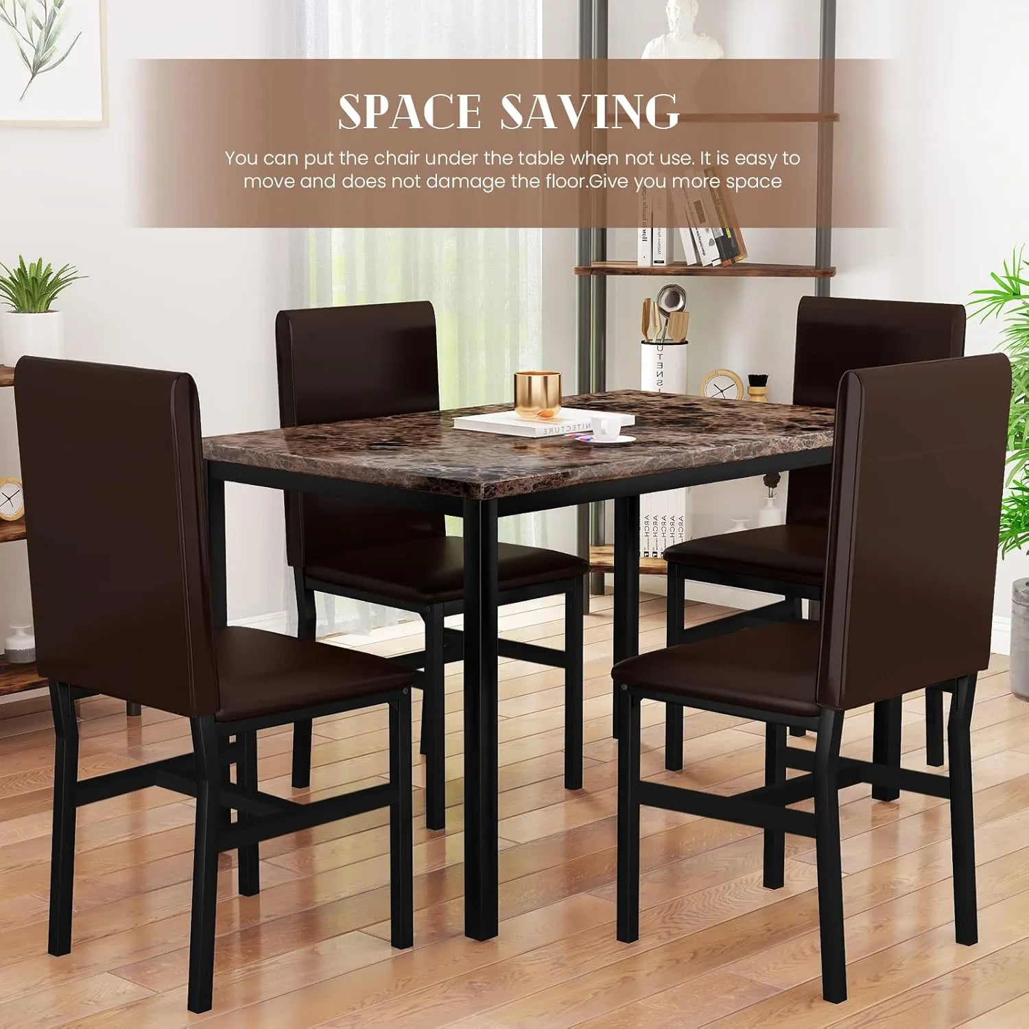 MOOSENG Dining Table Set for 4, Faux Marble Kitchen Table and Chairs Set of 4, 5-Piece Dining Room Set with PU Leather Upholstered Chairs for Small Space, Gray