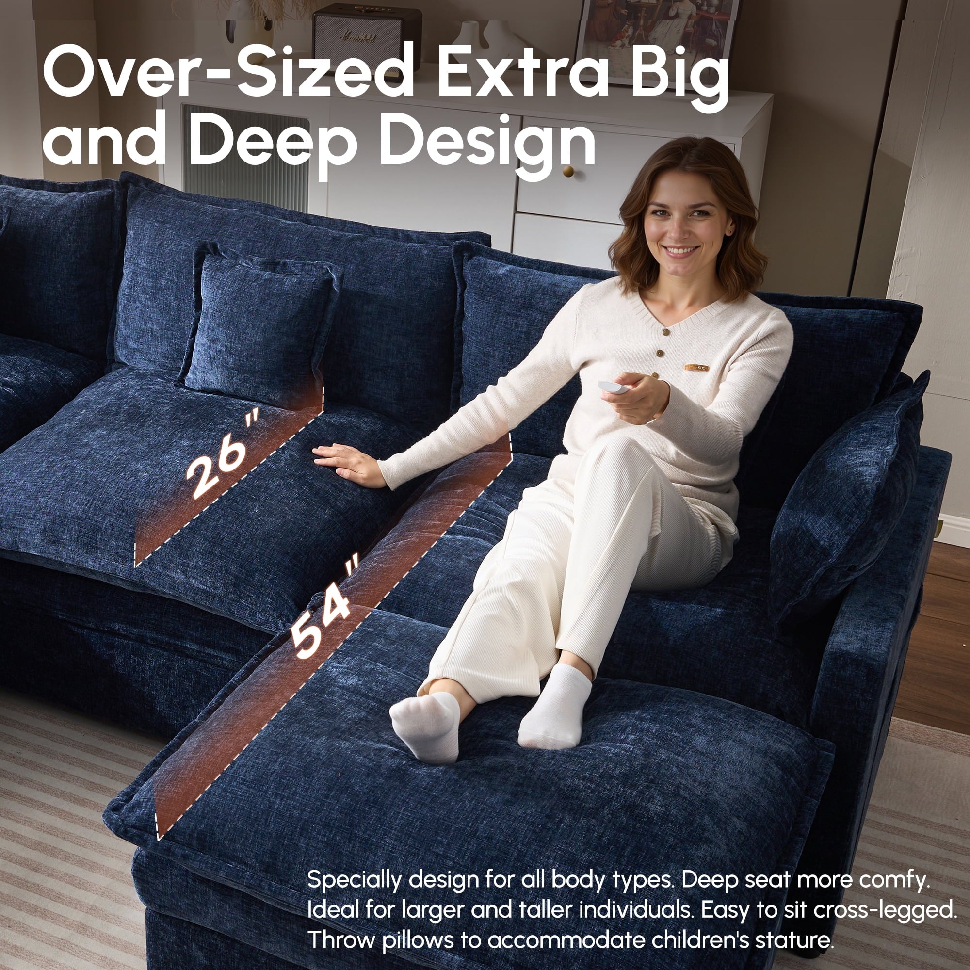 Ovios 108 Modular Sectional Sofa U-Shaped Cloud Couch with 2 Ottomans, Comfy Living Room Furniture, Chenille, Camel
