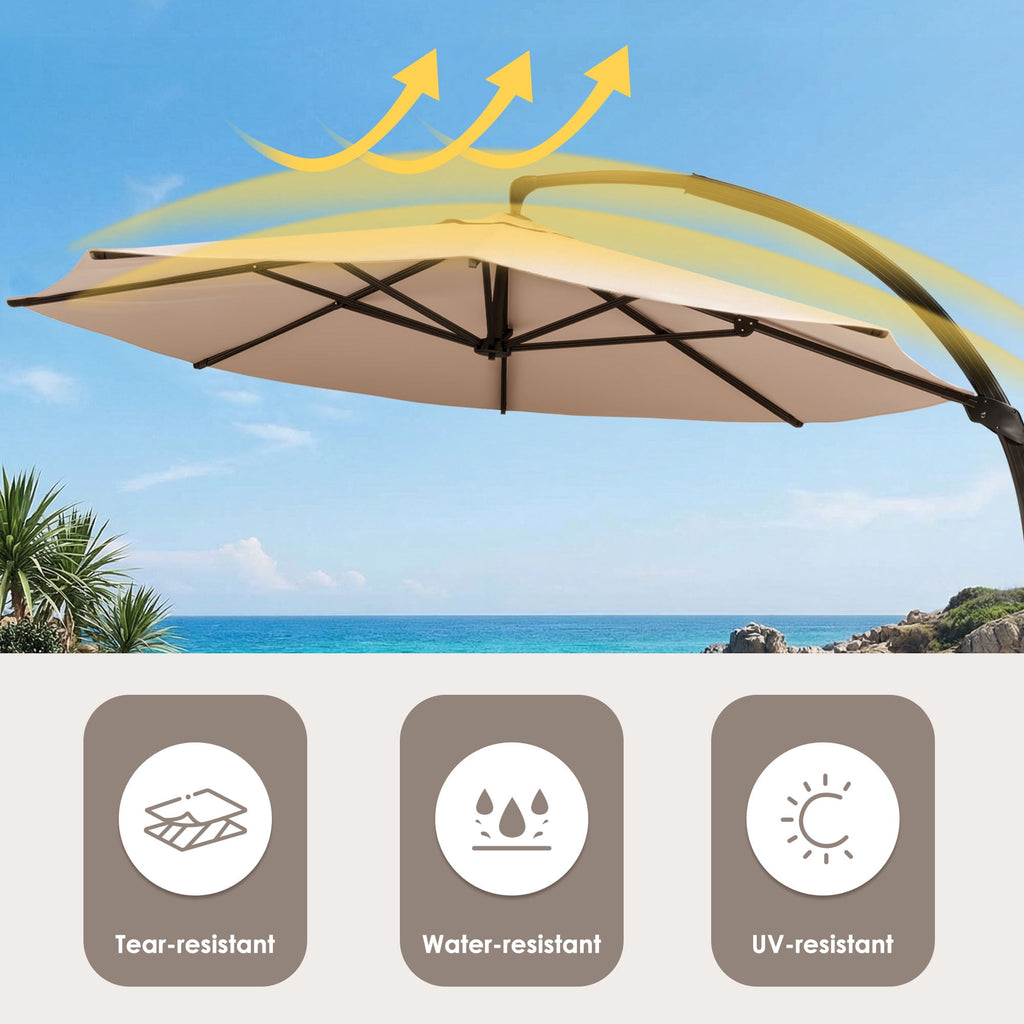 LAZZO 12ft Outdoor Patio Umbrella with Base and Lights, Aluminum Offset Cantilever Umbrella for Pool Deck, Champagne