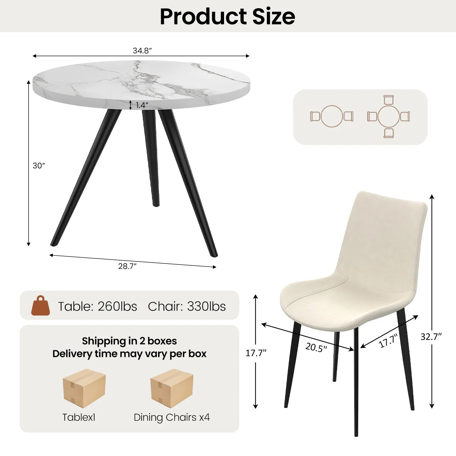 34.8 Round Dining Table Set for 4,5 Piece Mid-Century Modern Dining Set with 4 Upholstered Dining Chairs,Leisure Coffee Table for Kitchen Dining Room, Save Space