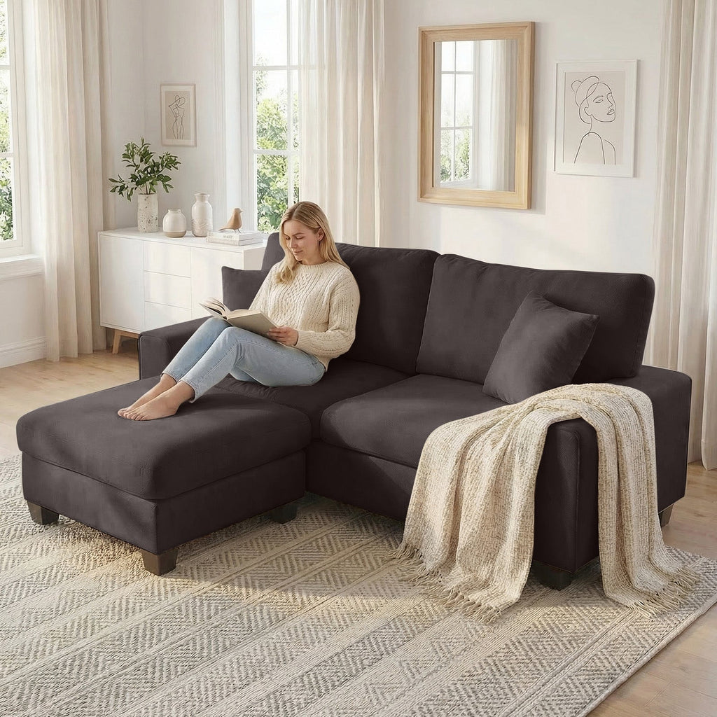 Poshby 88.58''W 3 Seater Sofa Couch with Chenille, Modern Square Arm for Living Room, Light Gray