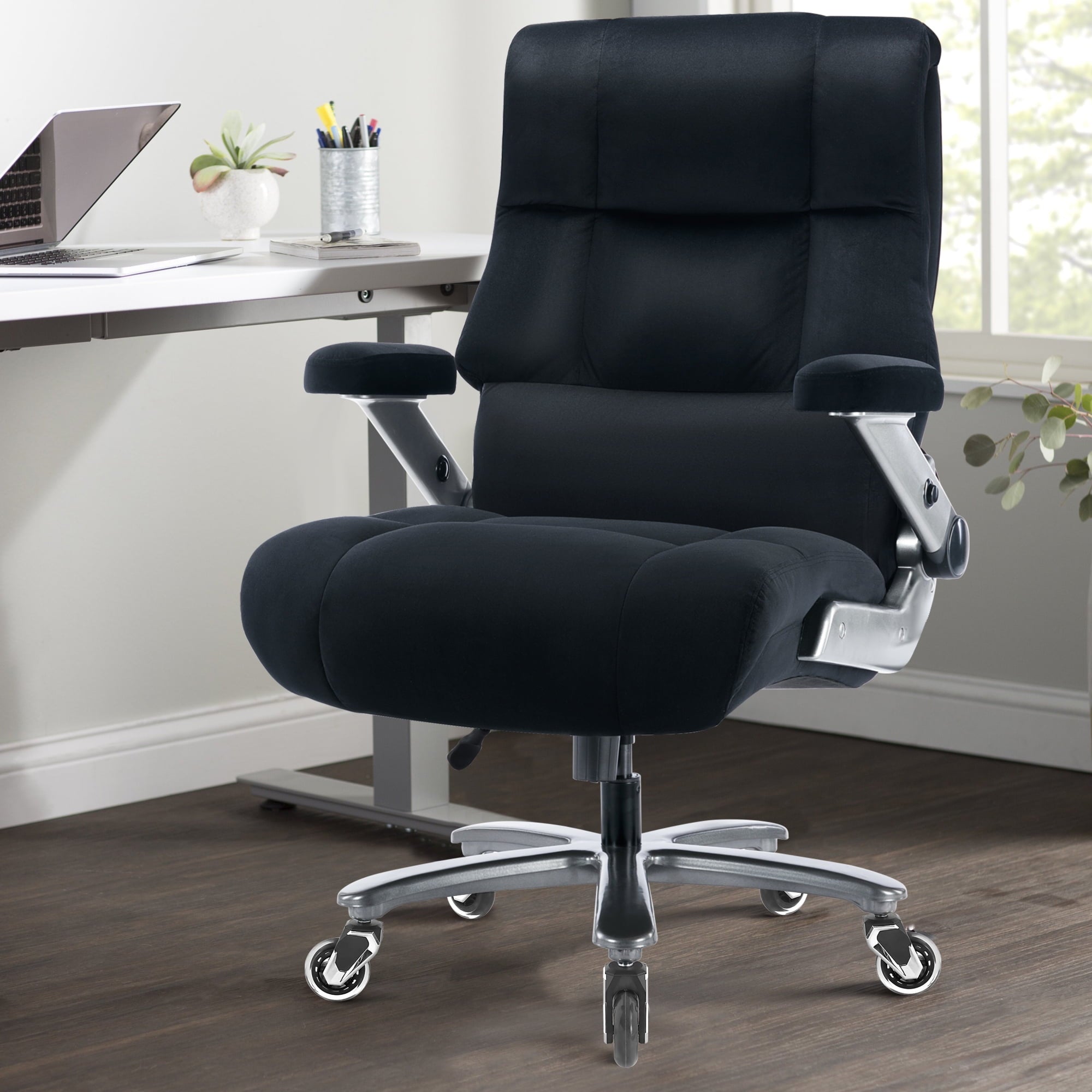 Big and Tall 700lbs Office Chair, Ultra-Soft Fabric Executive Desk Chair, Ergonomic Computer Chair with 3D Flip Up Arms, Adjustable Lumbar Support, Heavy Duty Metal Base and Quiet Rubber Wheel, Black