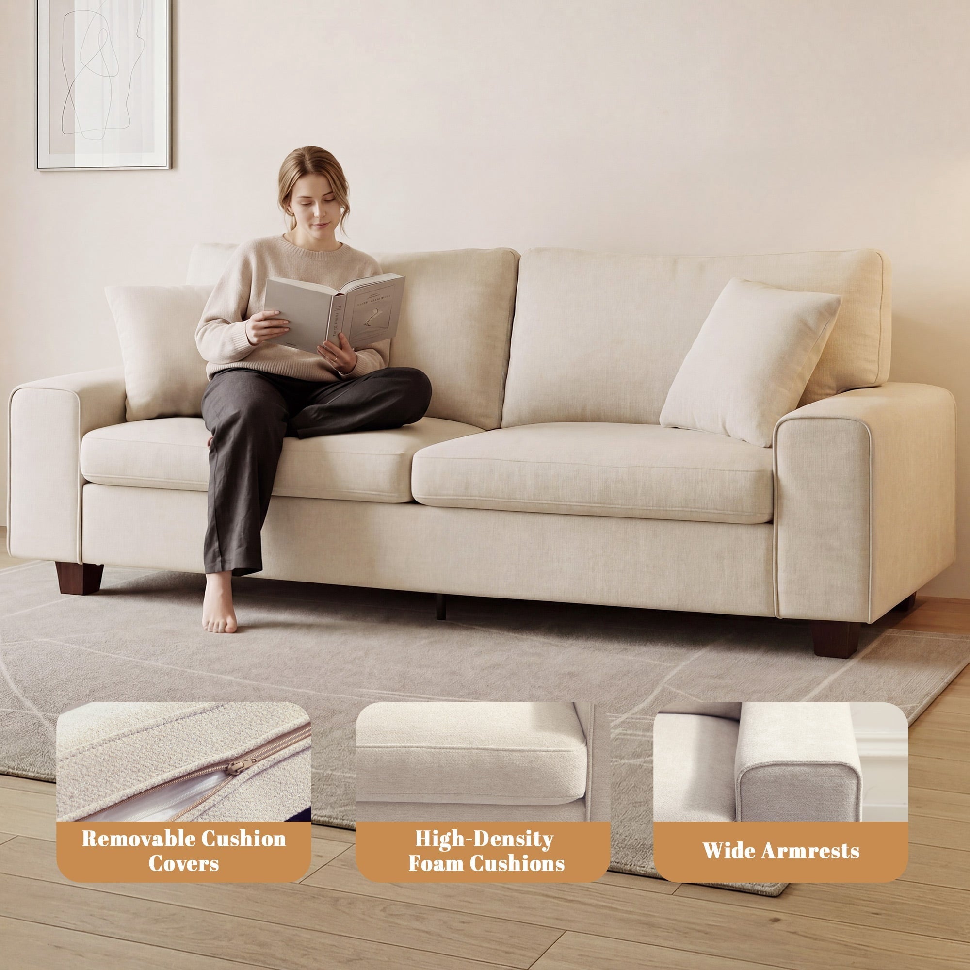 Poshby 71.25''W Loveseat 2 Seater Couch Sofa with Chenille Material, Modern for Living Room, Beige