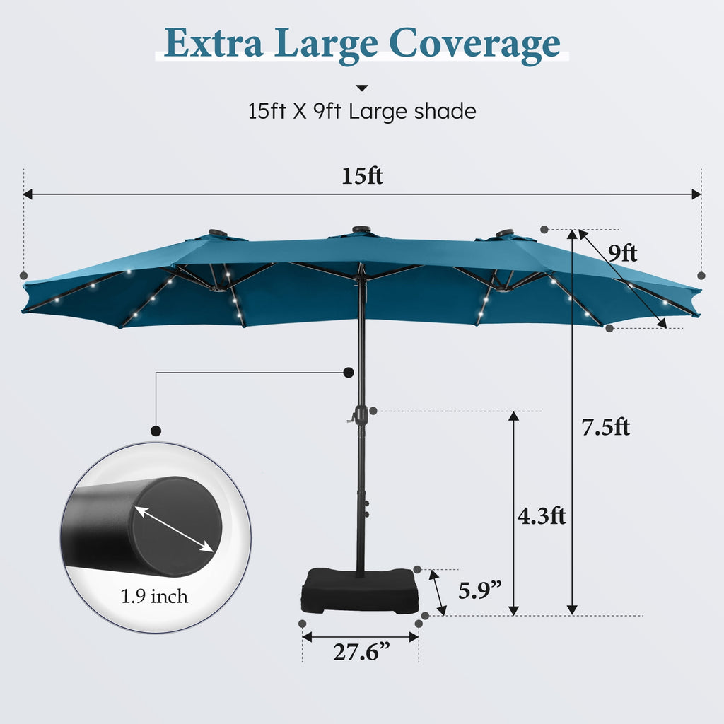SUMMIT LIVING 15ft Double-Sided Solar Patio Umbrella with Base (Included) Large Outdoor Umbrella with Solar Lights - Beige