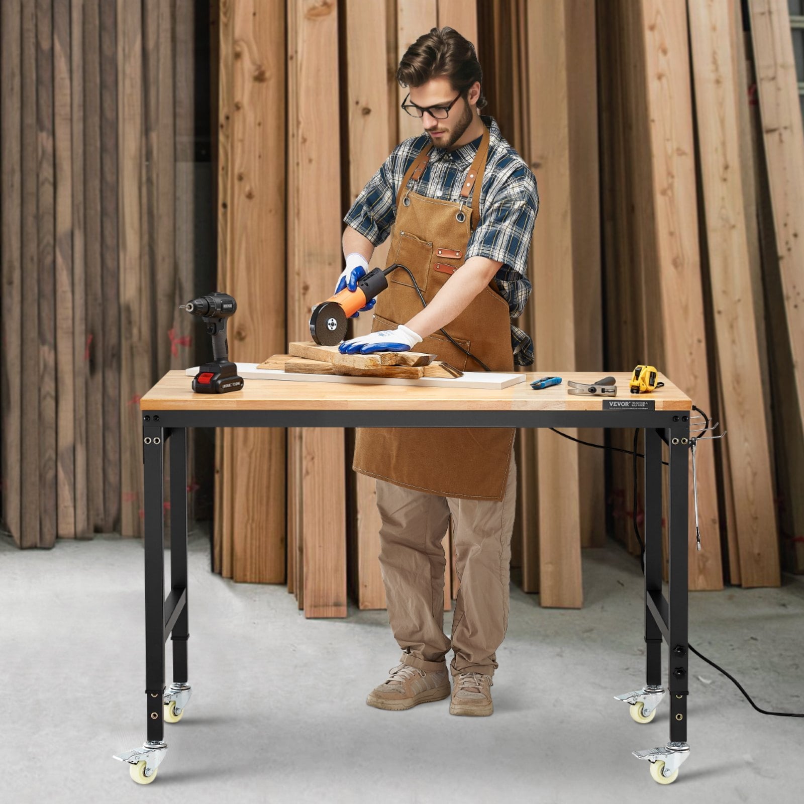VEVOR 48-Inch Adjustable Workbench, 2000 lbs Load, Work Bench with Power Outlet, Wheels, and Pegboard, Heavy Duty Oak Wood Top Work Table for Garage, Workshop, Office, and Home