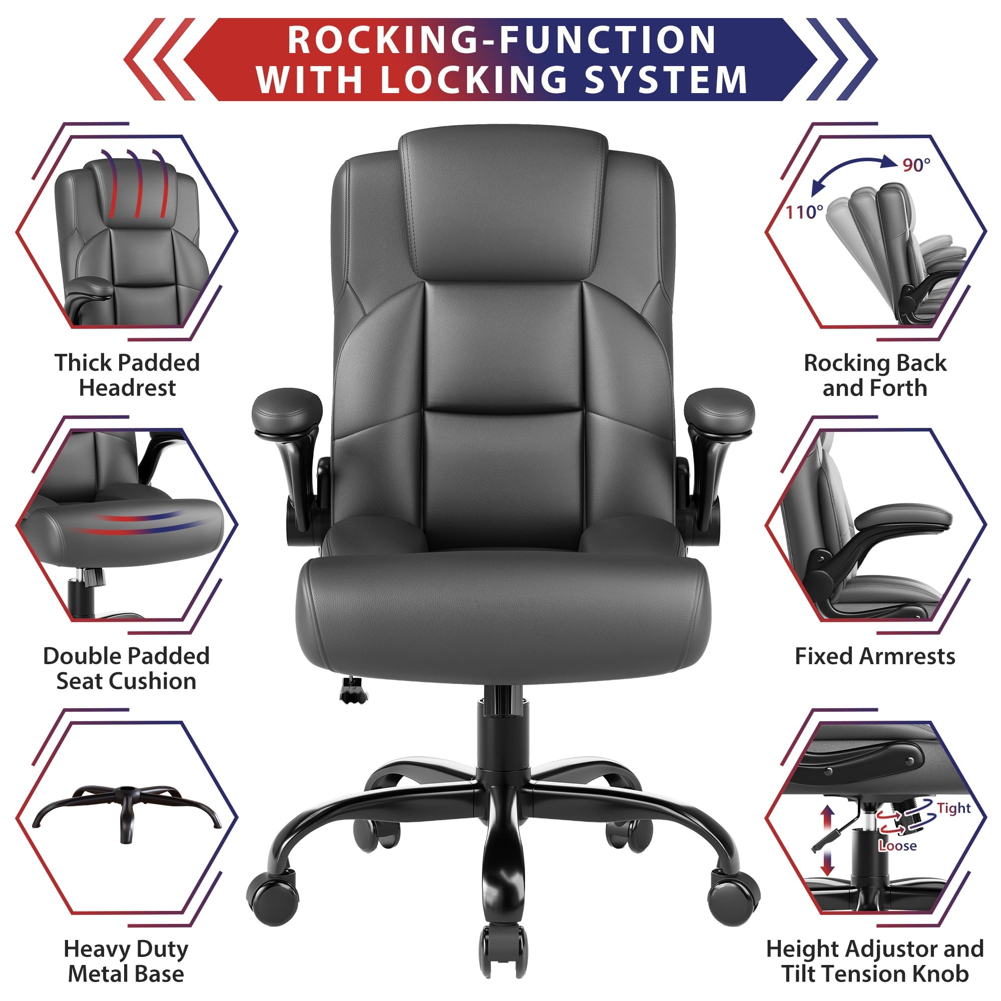 JONPONY Leather Office Chair, Big and Tall 500lbs Ergonomic Desk Chairs with Back Support, Executive Leather Chair with Wheels for Home Office, with Adjustable Padded Armrest & Lumbar Support , Black