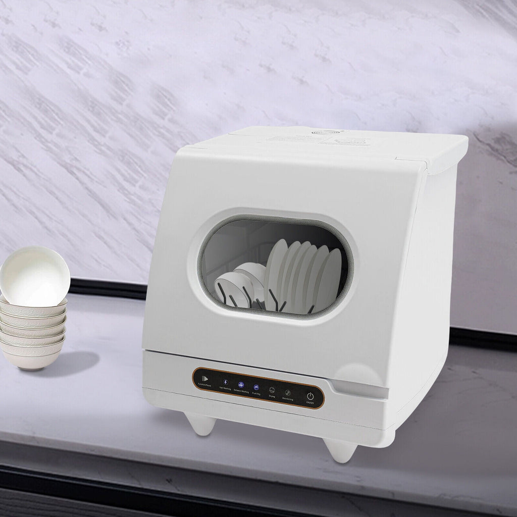 Compact Countertop Dishwasher with 5 Wash Programs, 360° Spray Arms, and Quick Installation – Ideal for Small Apartments, Dorms, and RVs