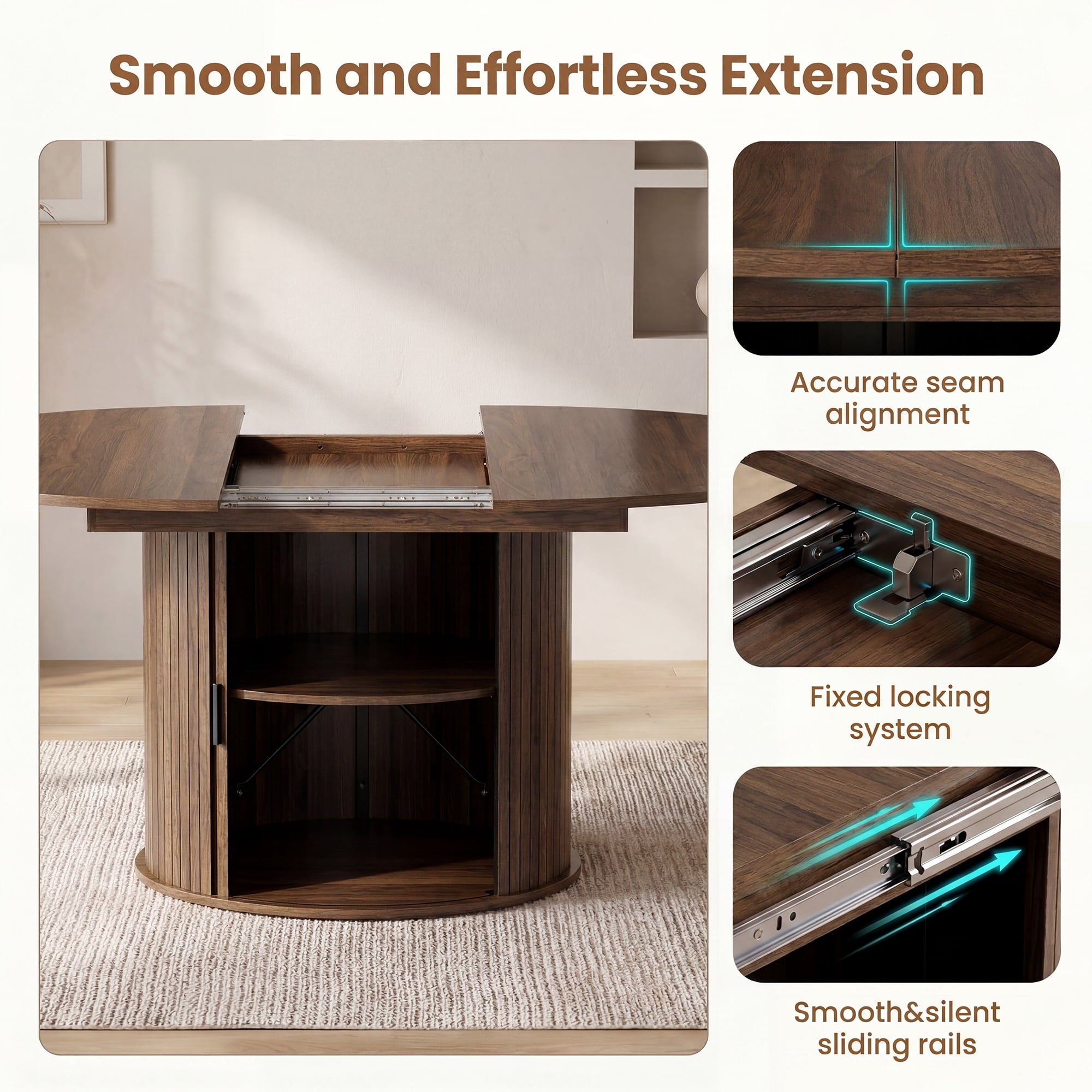 EOP 47″- 63″ Extendable Round Dining Table for 4-6, Wooden Kitchen Table with Hidden Storage and Fluted Sliding Door Cabinet, Modern Space-Saving Table for Dining Room Kitchen, Walnut