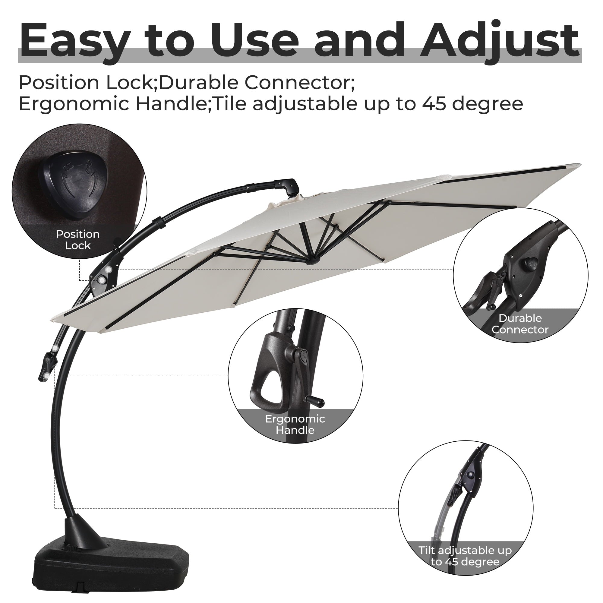 GRANDPATIO 12 Ft Outdoor Umbrella with Base, Large Aluminum Cantilever Offset Umbrella for Patio Pool, Black & White