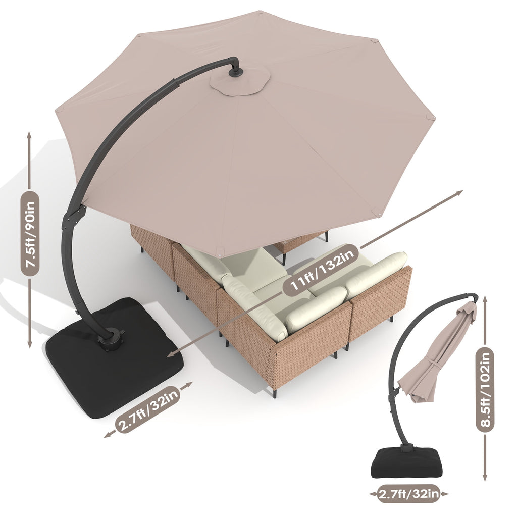 LAZZO 12ft Outdoor Patio Umbrella with Base and Lights, Aluminum Offset Cantilever Umbrella for Pool Deck, Champagne