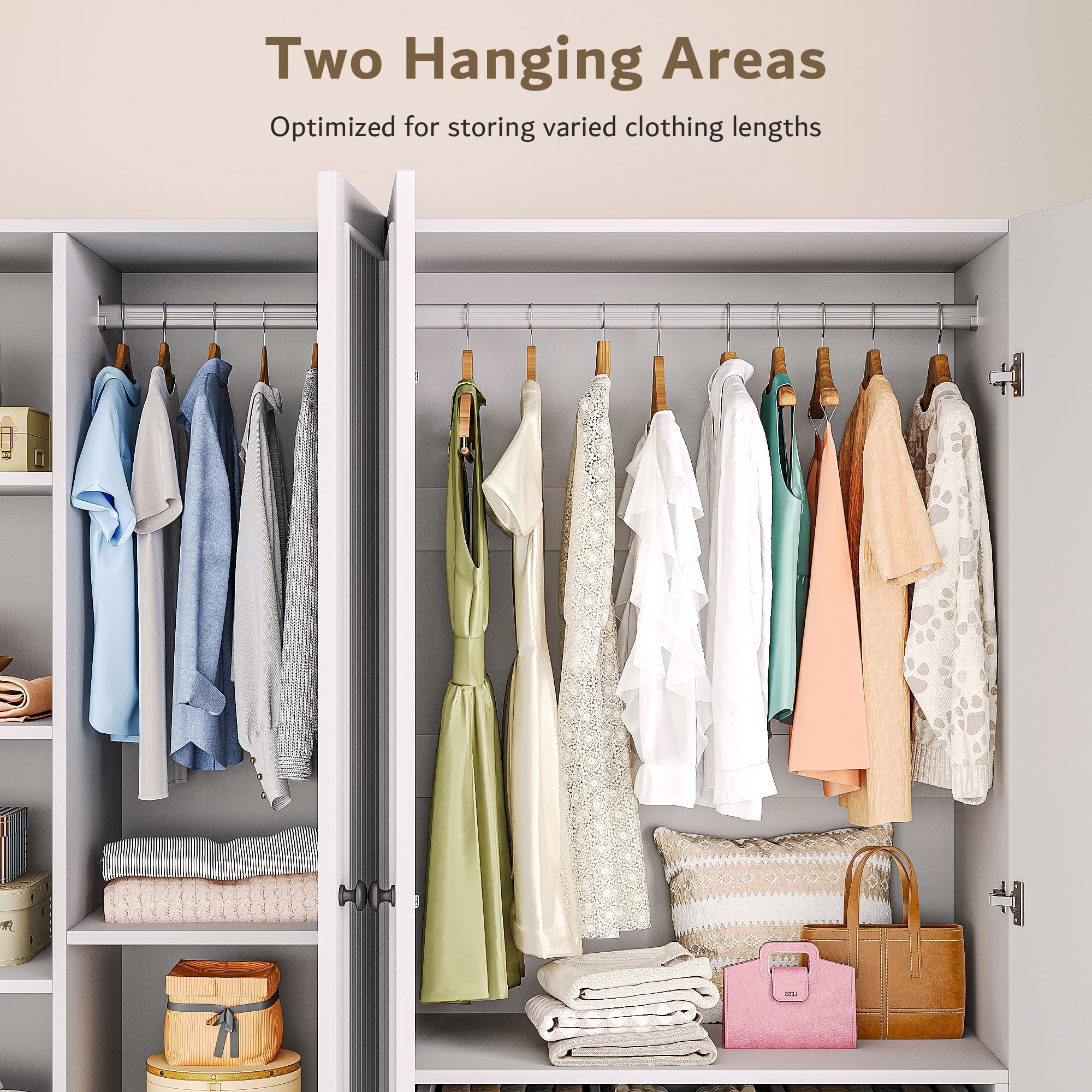 Laisnet 67H Armoire Wardrobe Closet with 4 Doors and 2 Drawers, Adjustable Shelves & Hanging Rods for Bedroom, White
