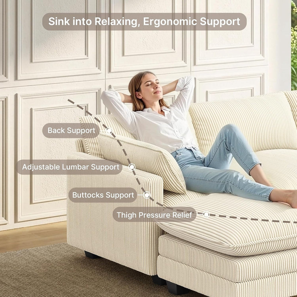 Noelse 110'' Oversized L Shaped Couch for Living Room, Cloud Couches with Washable Corduroy Cover, Modern 4-Seater Comfy Deep-Seat Sofa with Movable Ottoman and 2 Throw Pillows for Apartment, Beige