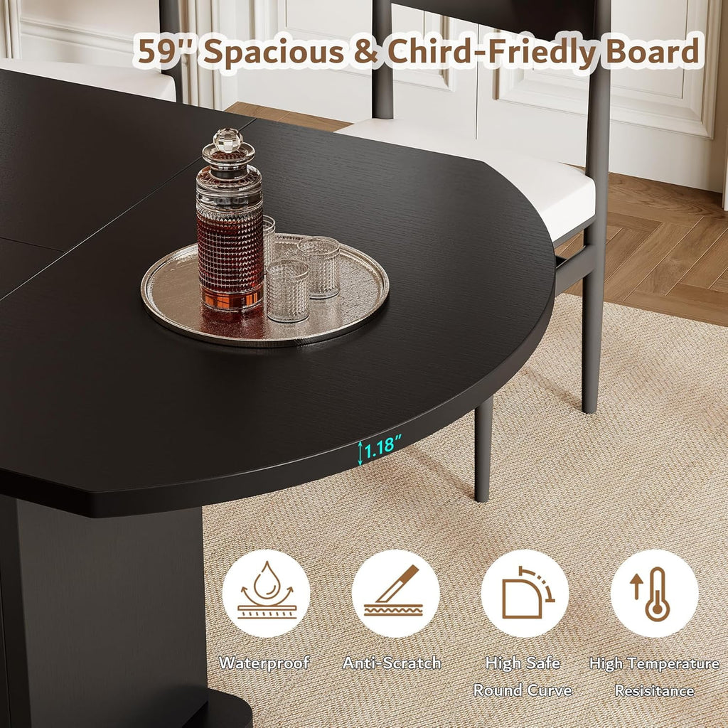 iPormis Extendable Round Dining Table for 4-6, 59'' Modern Kitchen Table with 2-Tier Storage Shelf, Wood Door, MDF Board, Space Saving Oval Dinner with Sturdy Pedestal Base, Kitchen, Dining, Natural