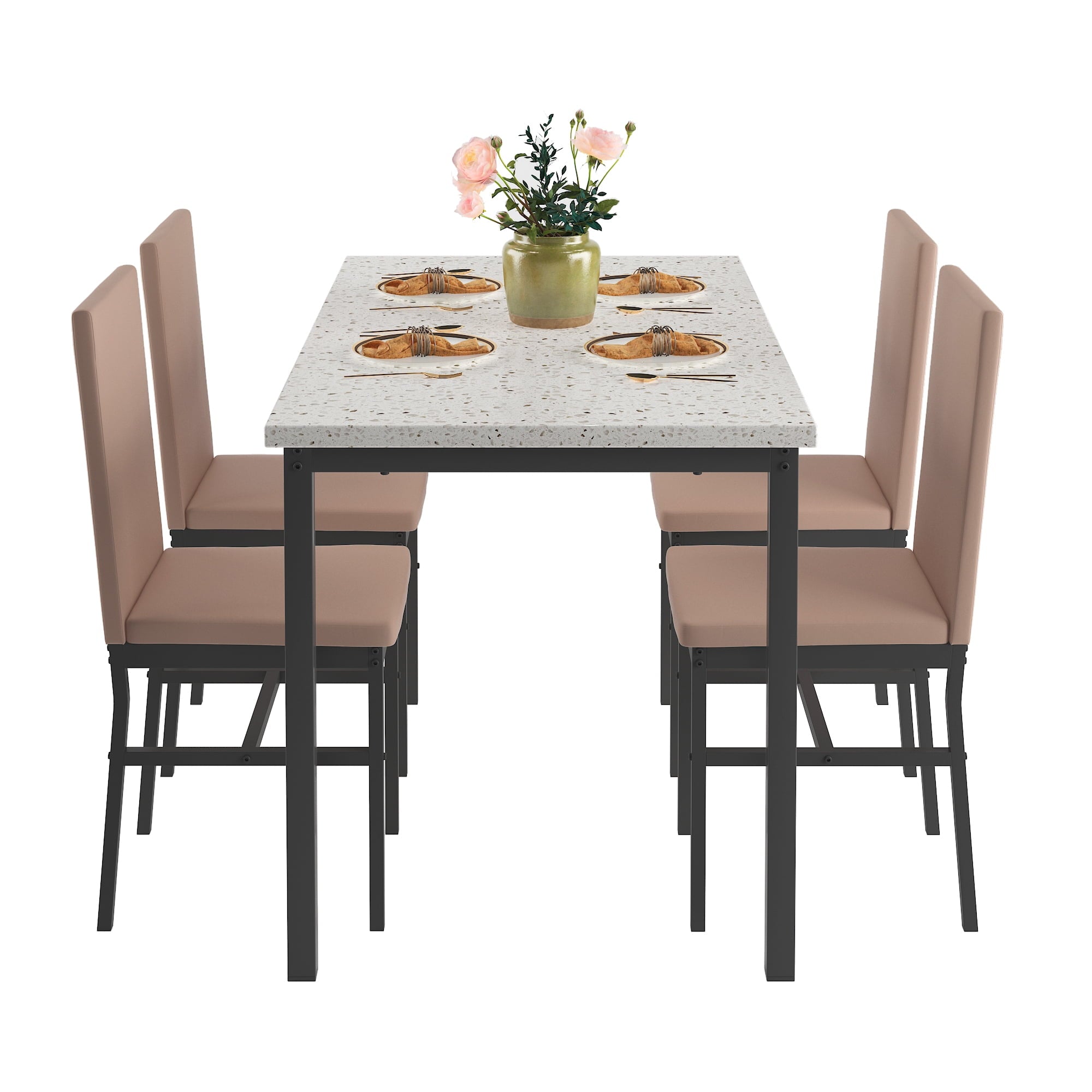 5 Piece Dining Table Set, Modern Faux Marble Tabletop and 4 PU Leather Upholstered Chairs, Rectangle Kitchen Table and Chairs for 4 Persons, Small Dining Set for Bar Dining Room Breakfast Nook
