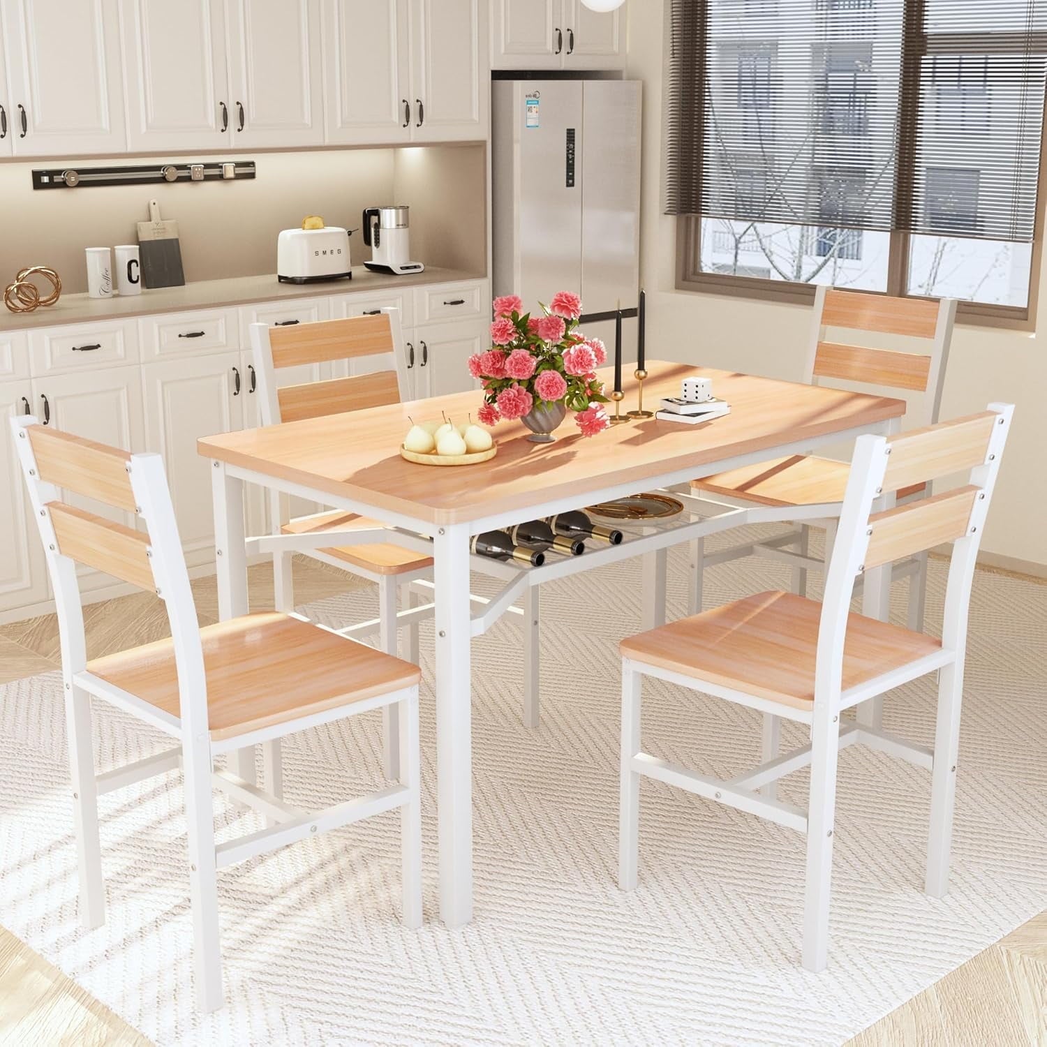 Lamerge 4 Person Dining Table Set, Wooden Dining Table 5 Piece Set with 4 Oak Metal Frame Chairs, Space Saving, Suitable for Apartments, Small Spaces, Kitchens, Breakfast Corners, Espresso Wood C