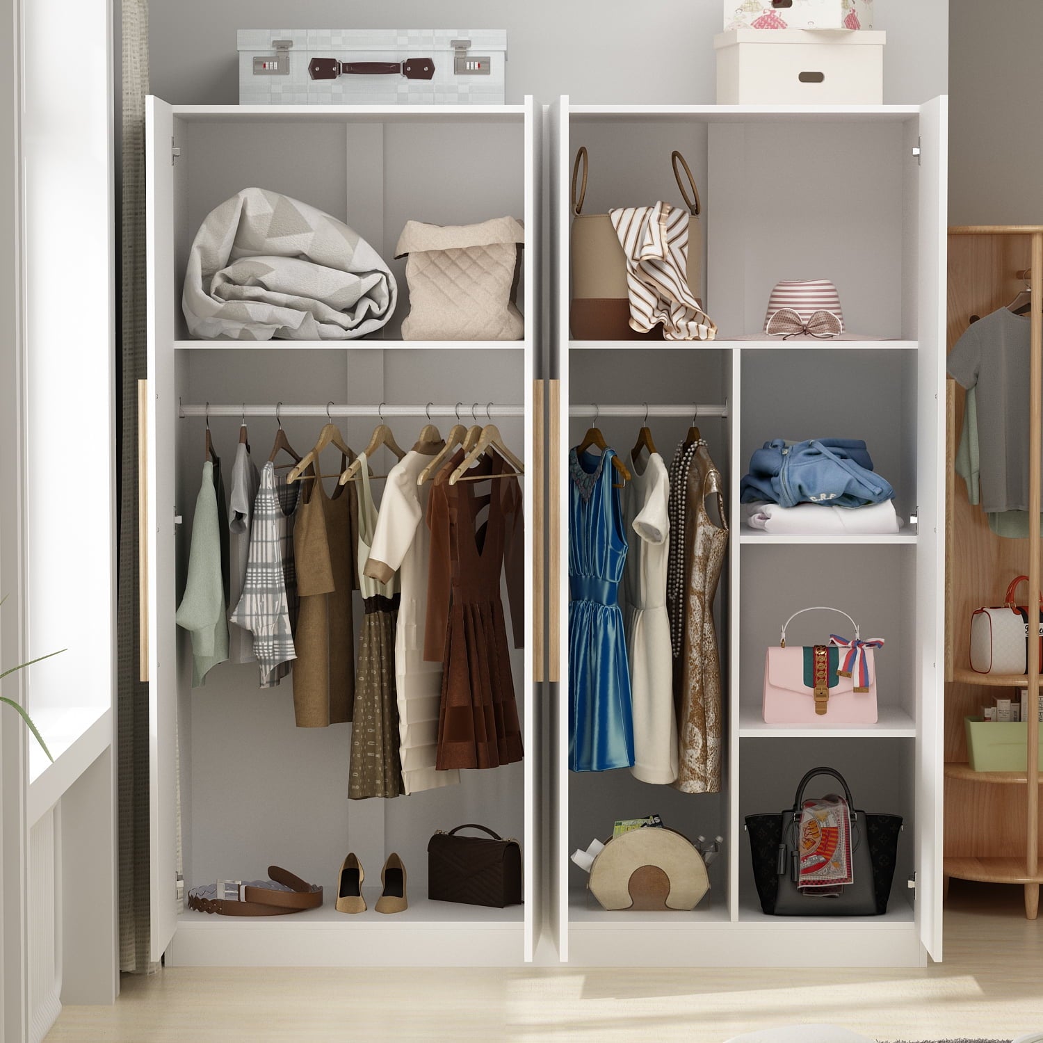 Wiawg 2 Door Wardrobe Armoire,Mirrored Closet Storage with Drawers and Shelves,White