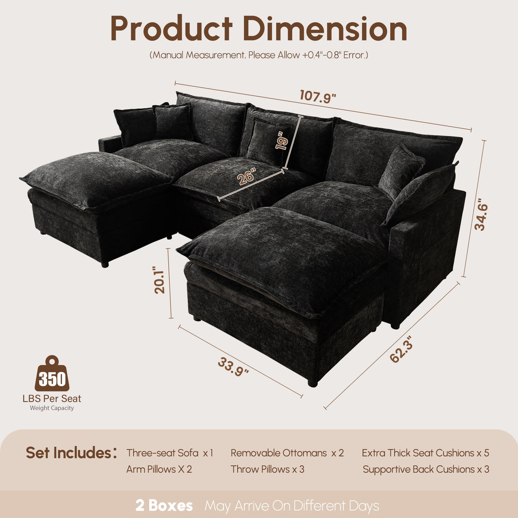 Ovios 108 Modular Sectional Sofa U-Shaped Cloud Couch with 2 Ottomans, Comfy Living Room Furniture, Chenille, Camel