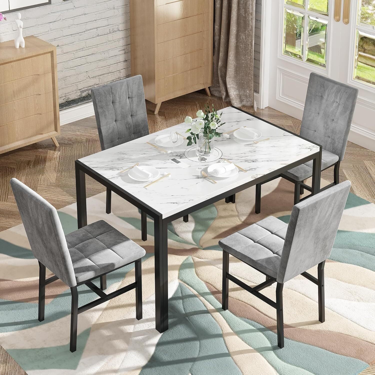MOOSENG 5-Piece Dining Table Set with Faux Marble Top, Modern Kitchen Table and Set of 4 Grey Velvet Upholstered Chairs, Space-Saving Dinette Set for Small Spaces