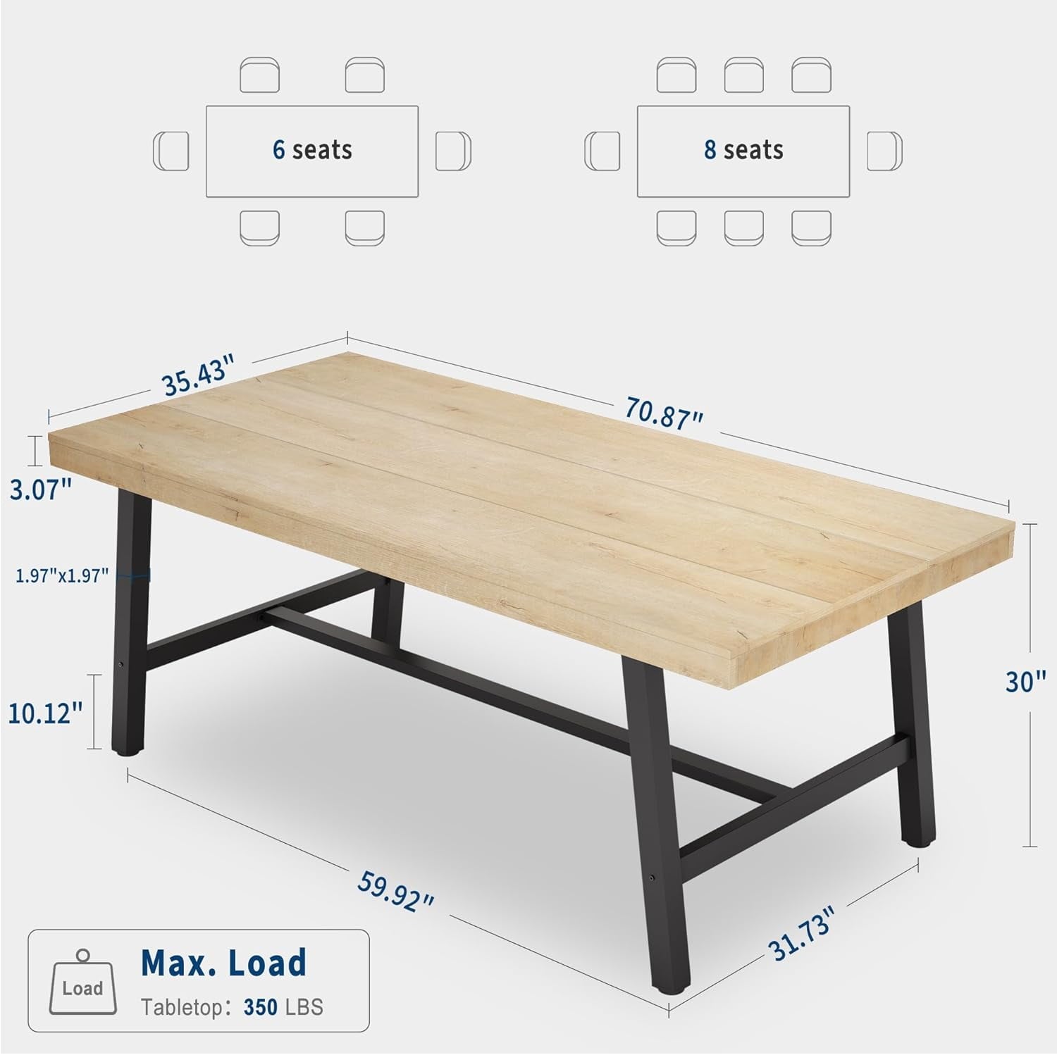 70.87 Inch Long Large Rectangle Dining Table for 6-8 People, Modern Kitchen Dining Room Table with Rustic Wooden Tabletop & Strong Metal frame(Only Gray Walnut Table)