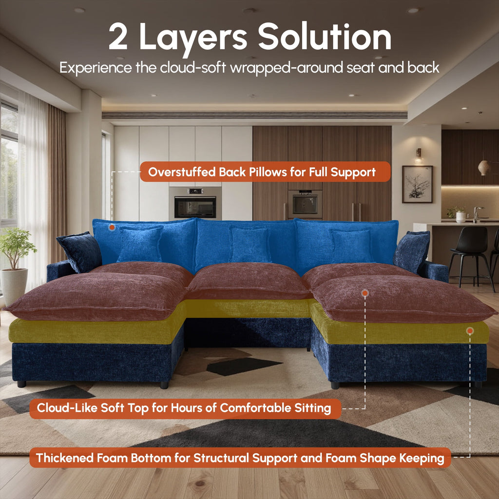 Ovios 108 Modular Sectional Sofa U-Shaped Cloud Couch with 2 Ottomans, Comfy Living Room Furniture, Chenille, Gray