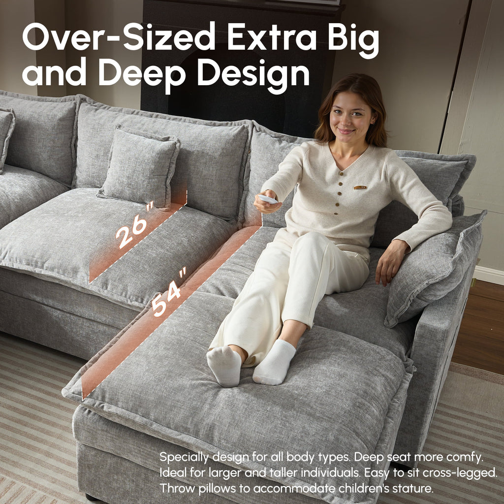 Ovios 108 Modular Sectional Sofa U-Shaped Cloud Couch with 2 Ottomans, Comfy Living Room Furniture, Chenille, Camel