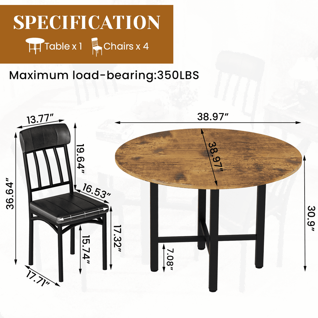 MIERES Round Dining Table Set for 4,Wood Round Kitchen Table and Chairs Set for 4,Modern Dining Room Table Set with 4 Faux Leather Chairs,Round Dinner Table for Small Space Gray