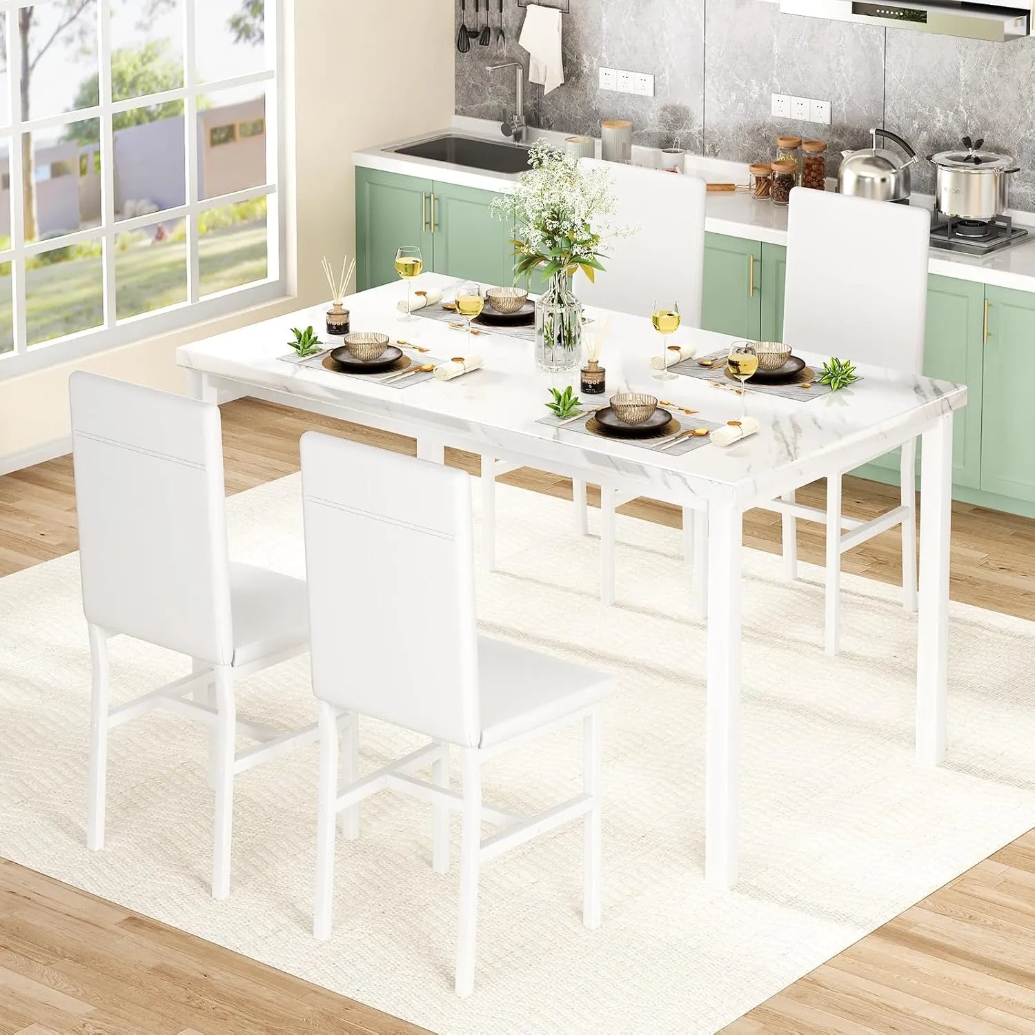MOOSENG Dining Table Set for 4, Faux Marble Kitchen Table and Chairs Set of 4, 5-Piece Dining Room Set with PU Leather Upholstered Chairs for Small Space, Gray