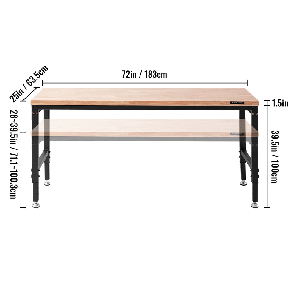 VEVOR Adjustable Workbench, 72 L X 25 W Garage Worktable with Universal Wheels, 28-39.5 Heights & 3000 LBS Load Capacity, with Power Outlets & Hardwood Top & Storage & Foot Pads, for Office Home