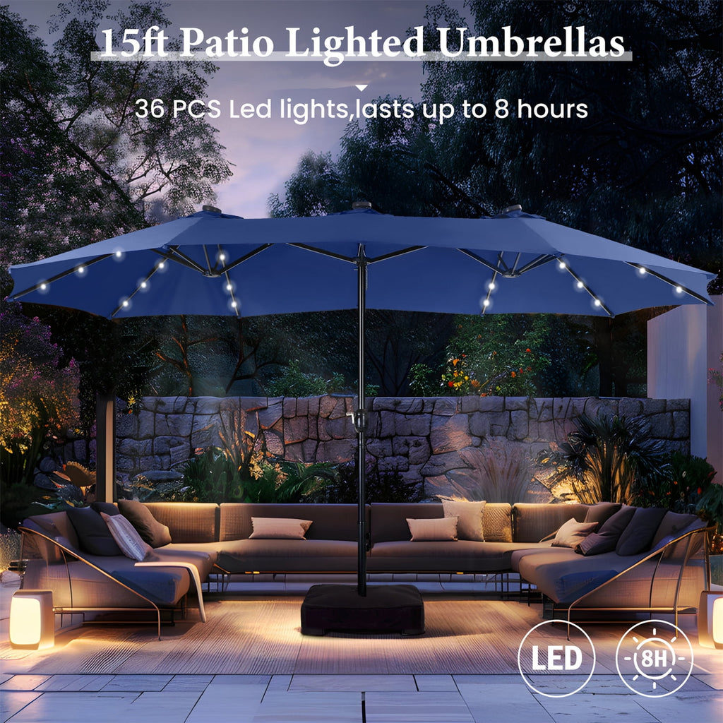 SUMMIT LIVING 15 FT Double-Sided Solar Patio Umbrella with Base Large Outdoor Umbrella with LED Solar Lights - Haze Blue