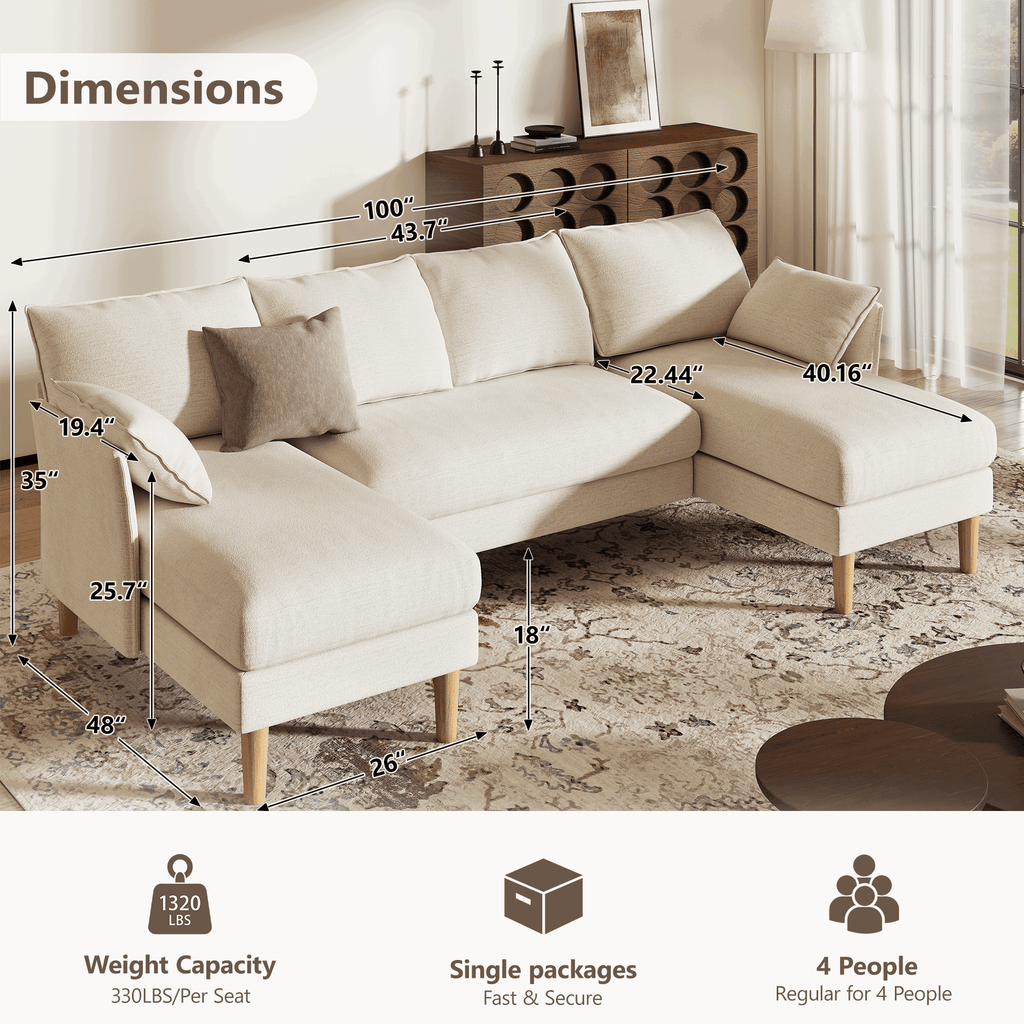 BedLuxury 100 U-Shape Sectional Sofa with Chaise, Chenille Modern Couch with High Legs for Living Room, Apartment, Beige
