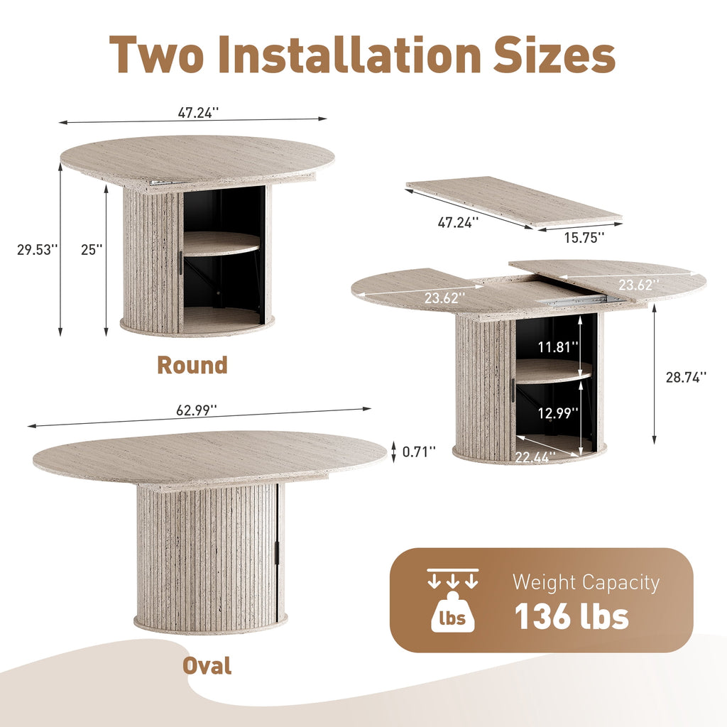 EOP 47″- 63″ Extendable Round Dining Table for 4-6, Wooden Kitchen Table with Hidden Storage and Fluted Sliding Door Cabinet, Modern Space-Saving Table for Dining Room Kitchen, Walnut