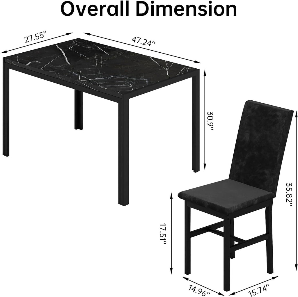 MOOSENG 5-Piece Dining Table Set with Faux Marble Top, Modern Kitchen Table and Set of 4 Grey Velvet Upholstered Chairs, Space-Saving Dinette Set for Small Spaces