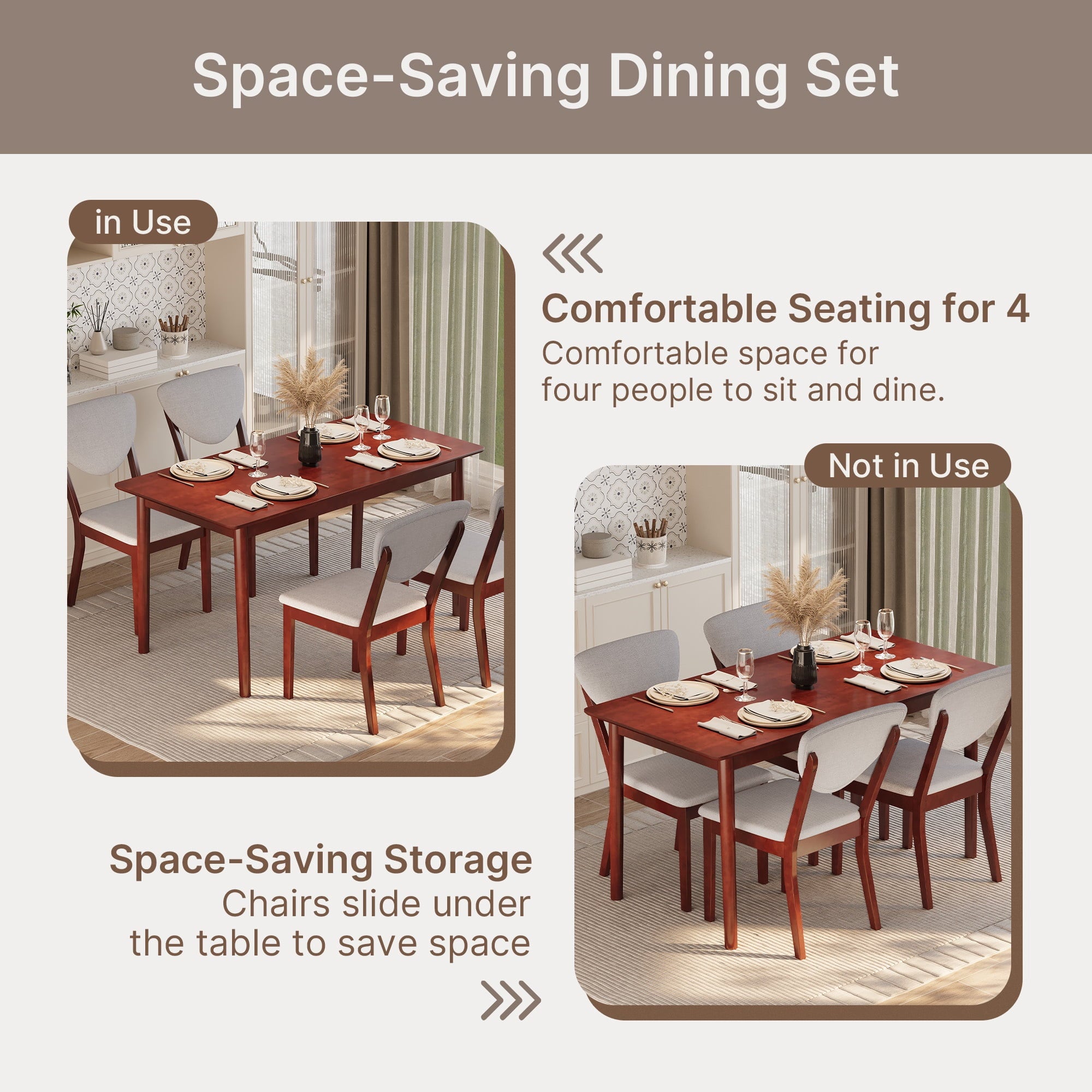 Noelse 5 Piece Dining Table Set for 4, Kitchen Table and Chairs Set with Upholstered Seats and Backrests, Wooden Frame for Kitchen Dining Room