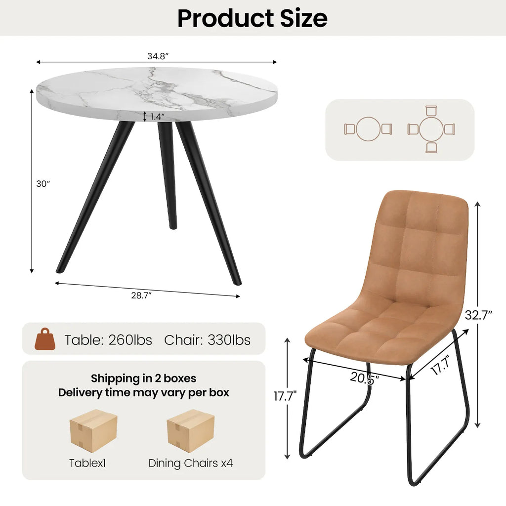 34.8 Round Dining Table Set for 4,5 Piece Mid-Century Modern Dining Set with 4 Upholstered Dining Chairs,Leisure Coffee Table for Kitchen Dining Room, Save Space