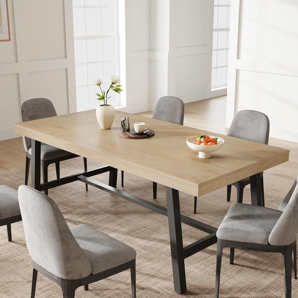 Industrial Dining Table for 6-8 People, 70.87 Long Wooden Kitchen Table with Sturdy Metal Frame & Natural Finish, Seats 6 Rectangular Counter for Dinner, Kitchen, Dining Room - Natural