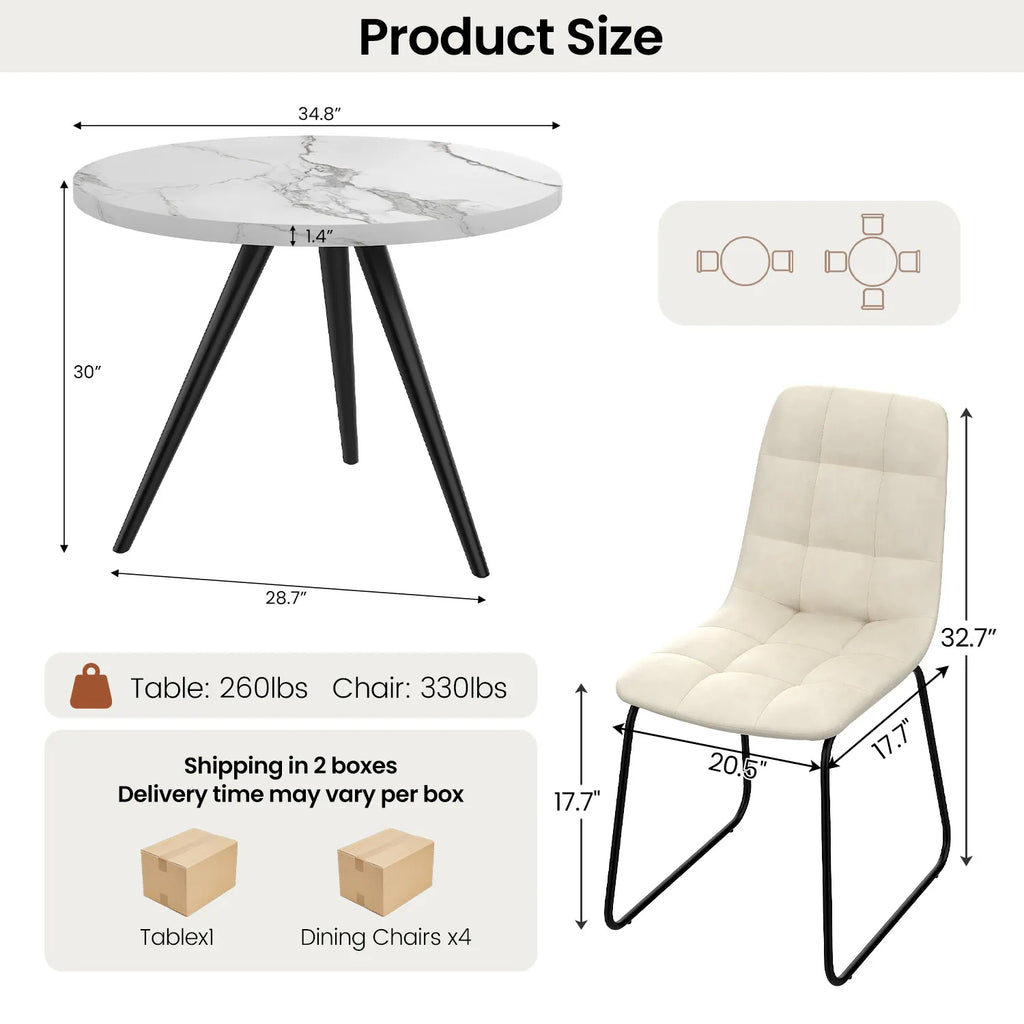 34.8 Round Dining Table Set for 4,5 Piece Mid-Century Modern Dining Set with 4 Upholstered Dining Chairs,Leisure Coffee Table for Kitchen Dining Room, Save Space
