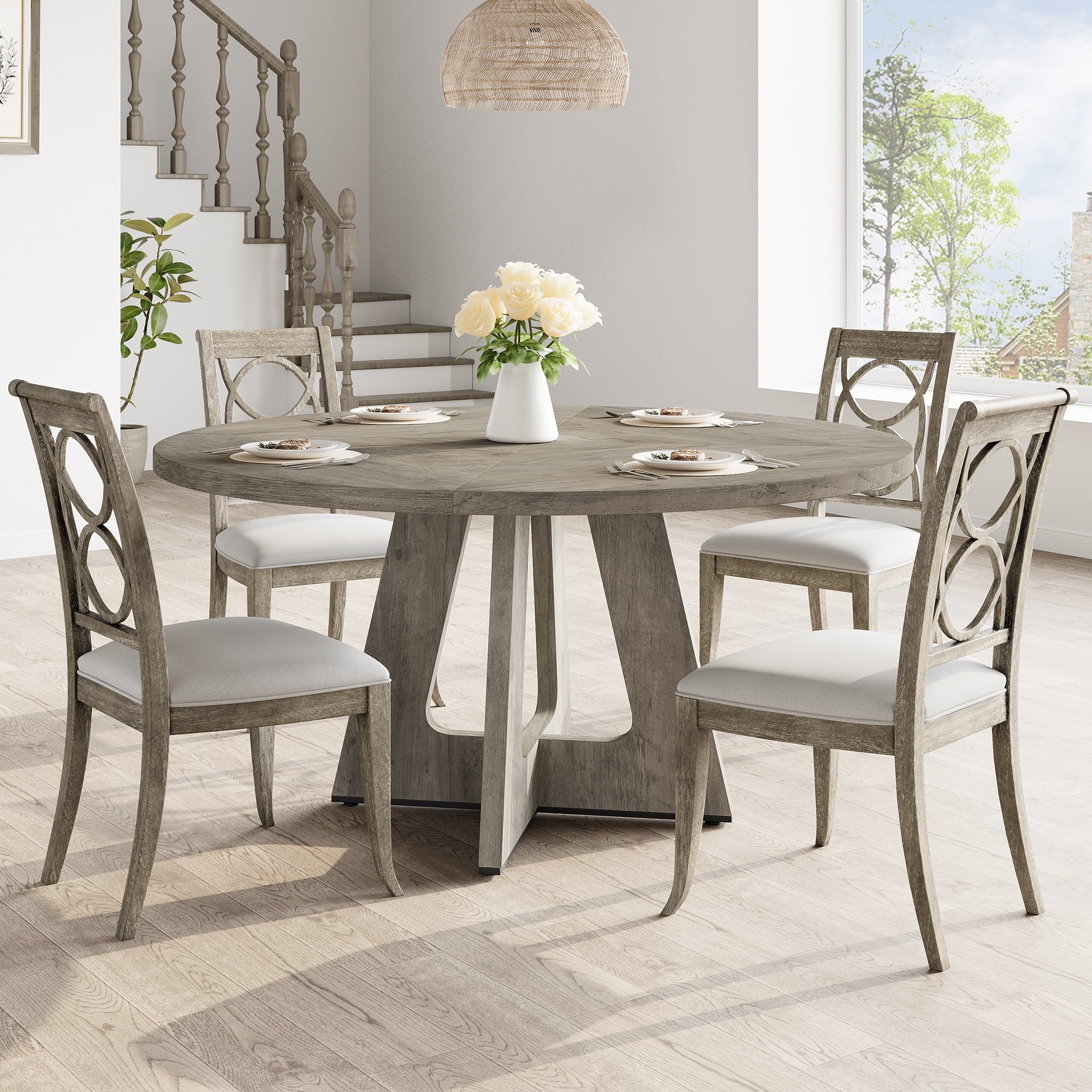 Ataucjin 47-Inch Round Large Dining Table, Wooden Kitchen Table Set for 4, Farmhouse Dinner Table with Wooden Top and Legs for Home Dining Room or Living Room - Rustic Brown(Only Table)