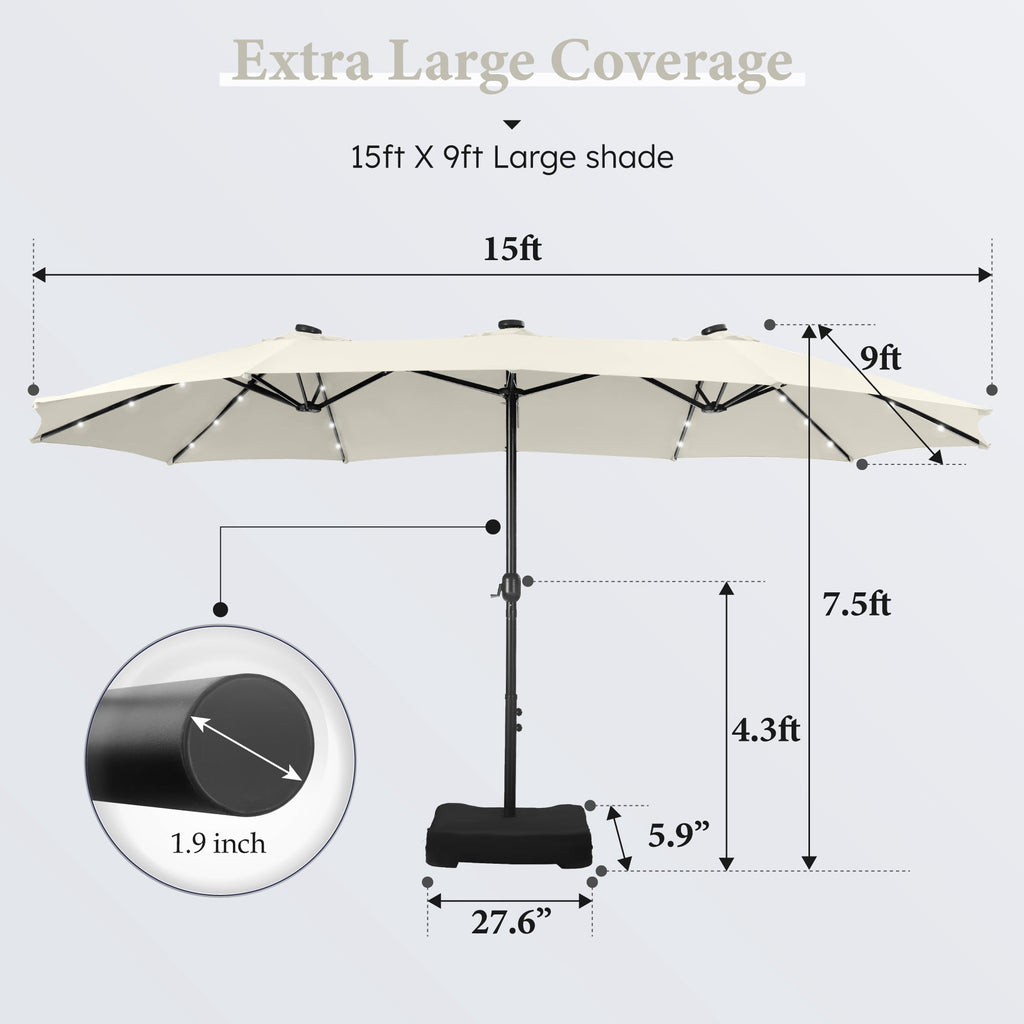 SUMMIT LIVING 15 FT Double-Sided Solar Patio Umbrella with Base Large Outdoor Umbrella with LED Solar Lights - Haze Blue